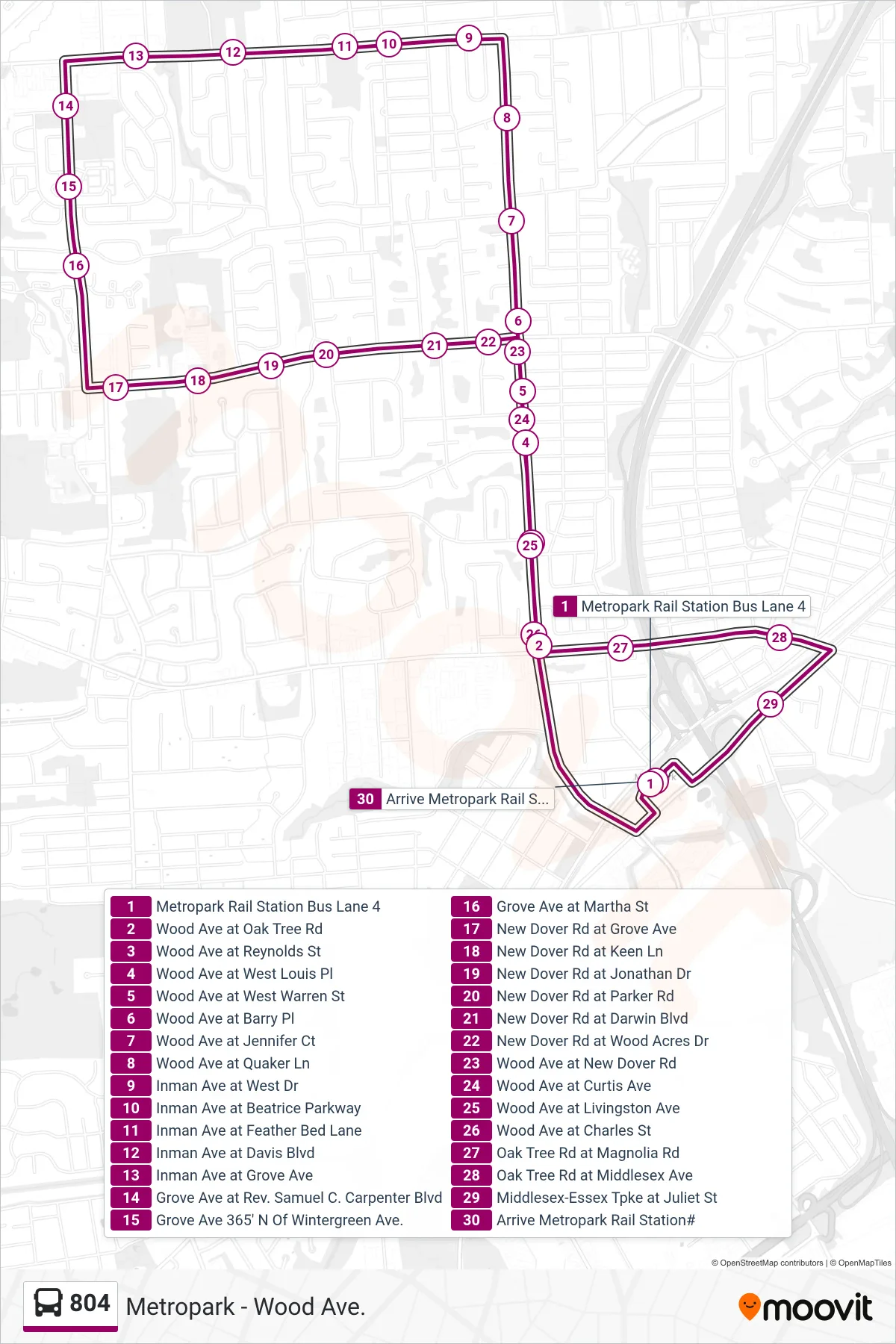 804 bus Line (Metropark Inman New Dover) route and stops on a map
