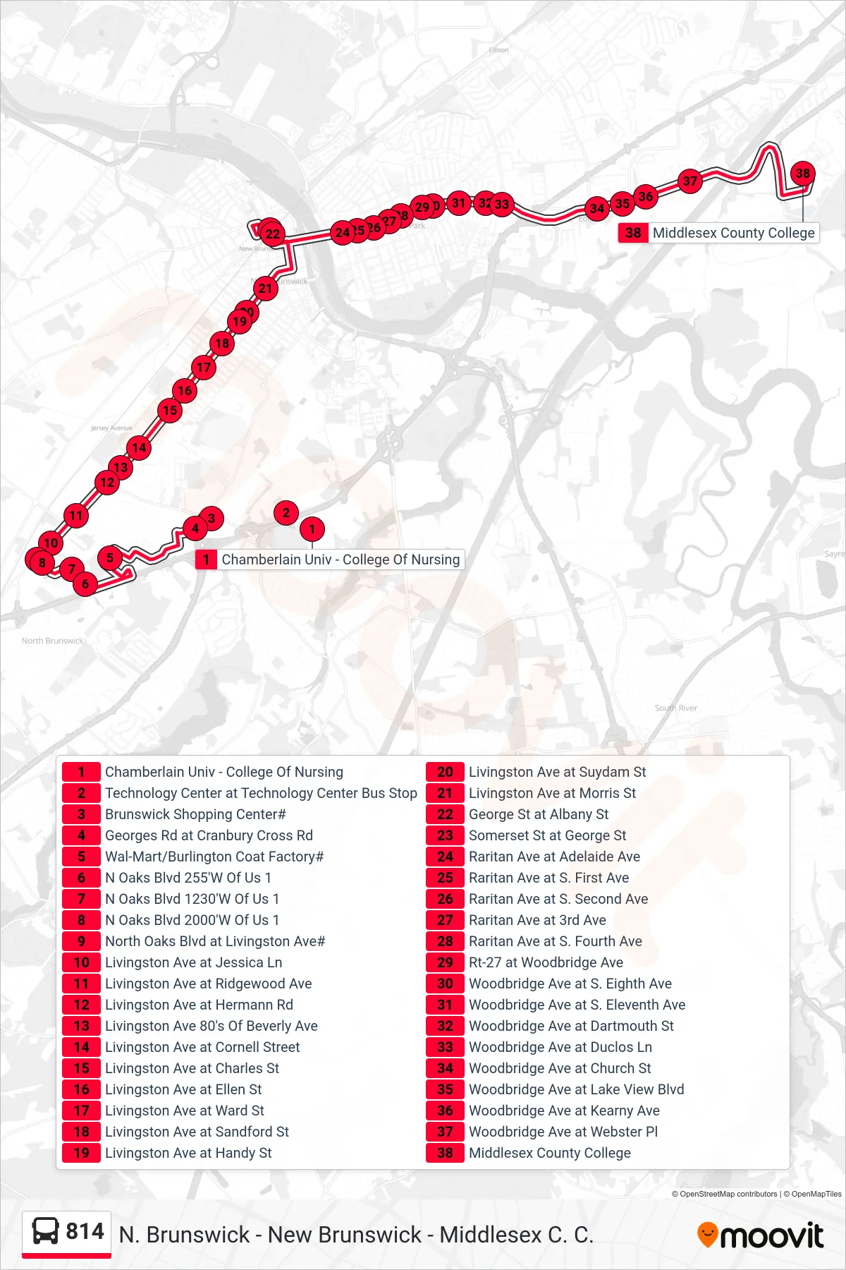 814 bus Line (Middlesex College) route and stops on a map