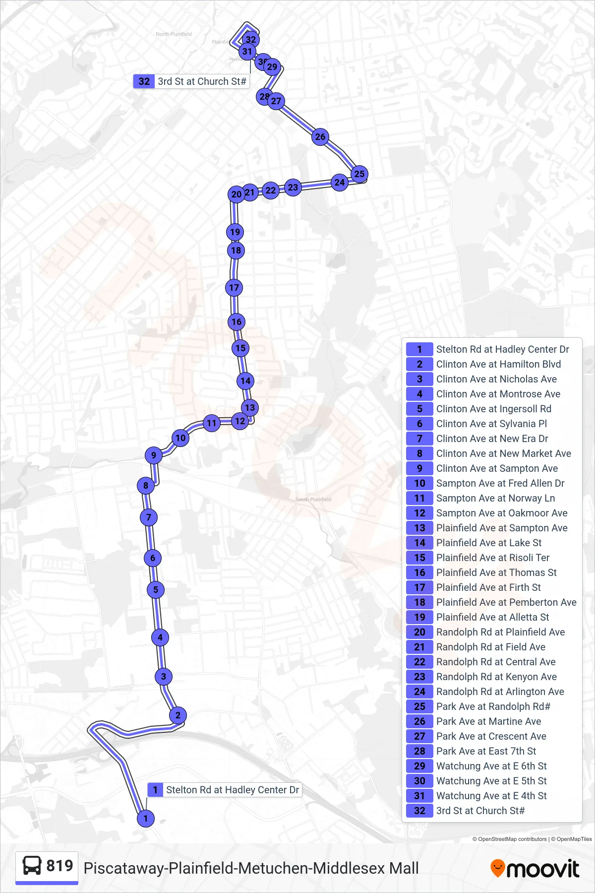 819 bus Line (Plainfield) route and stops on a map