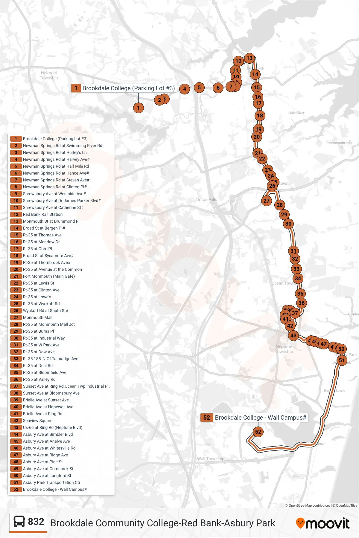 832 bus Line (Brookdale Wall Campus Via Red Bank Asbury Park) route and stops on a map