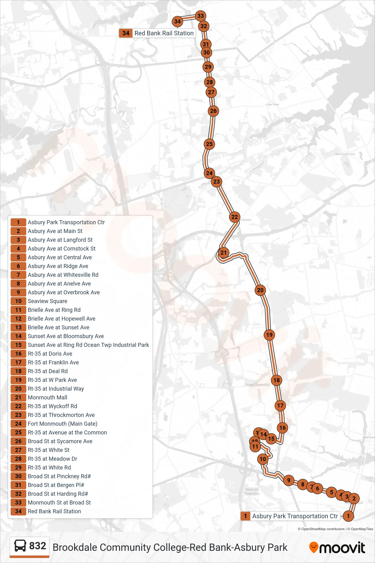 832 bus Line (Red Bank) route and stops on a map