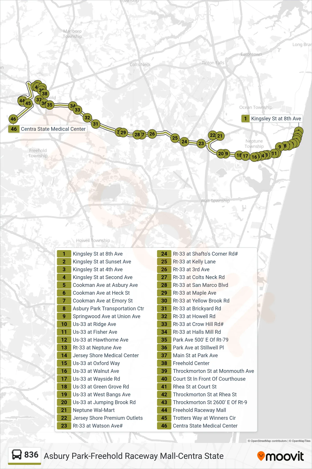 836 bus Line (Freehold  Centra_St Hospital Via Neptune Wal Mart) route and stops on a map