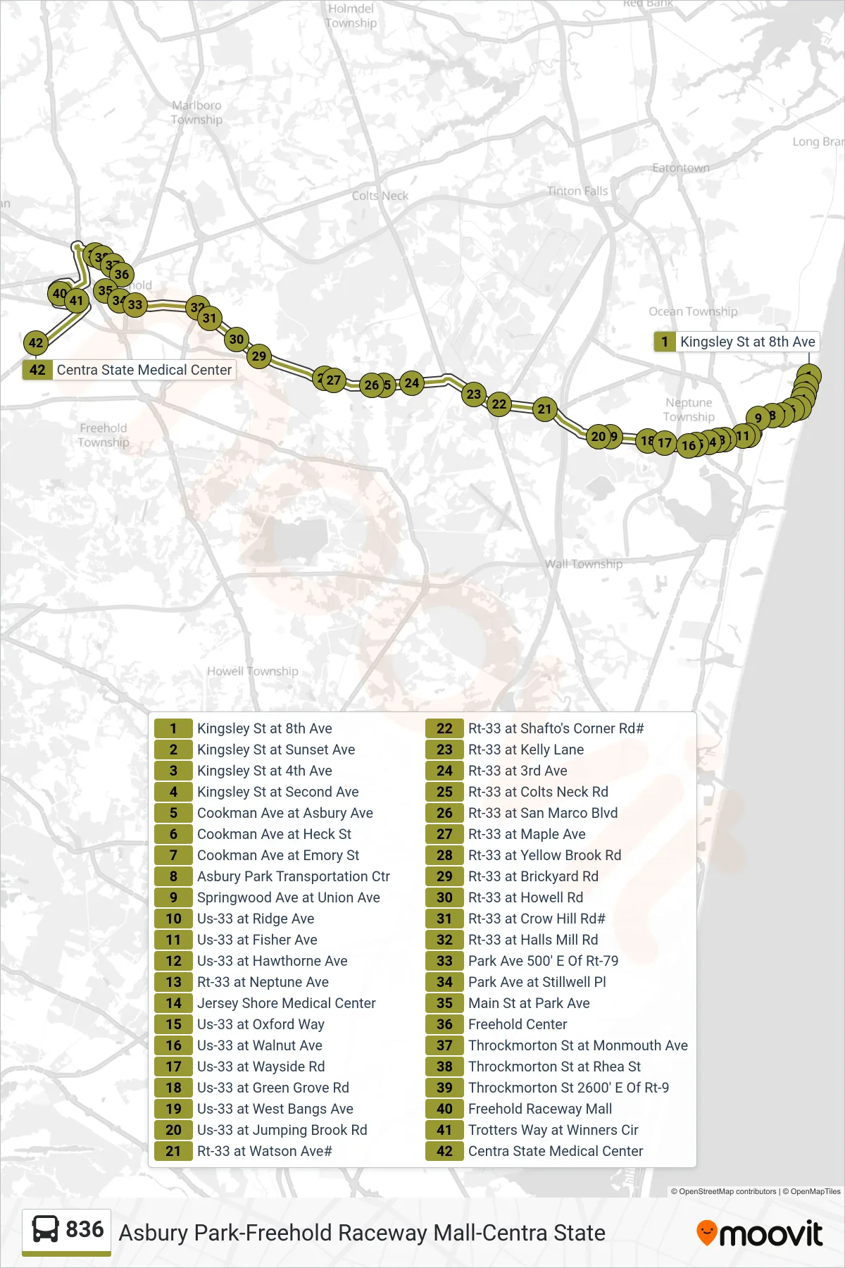 836 bus Line (Freehold  Centra_St Hospital) route and stops on a map