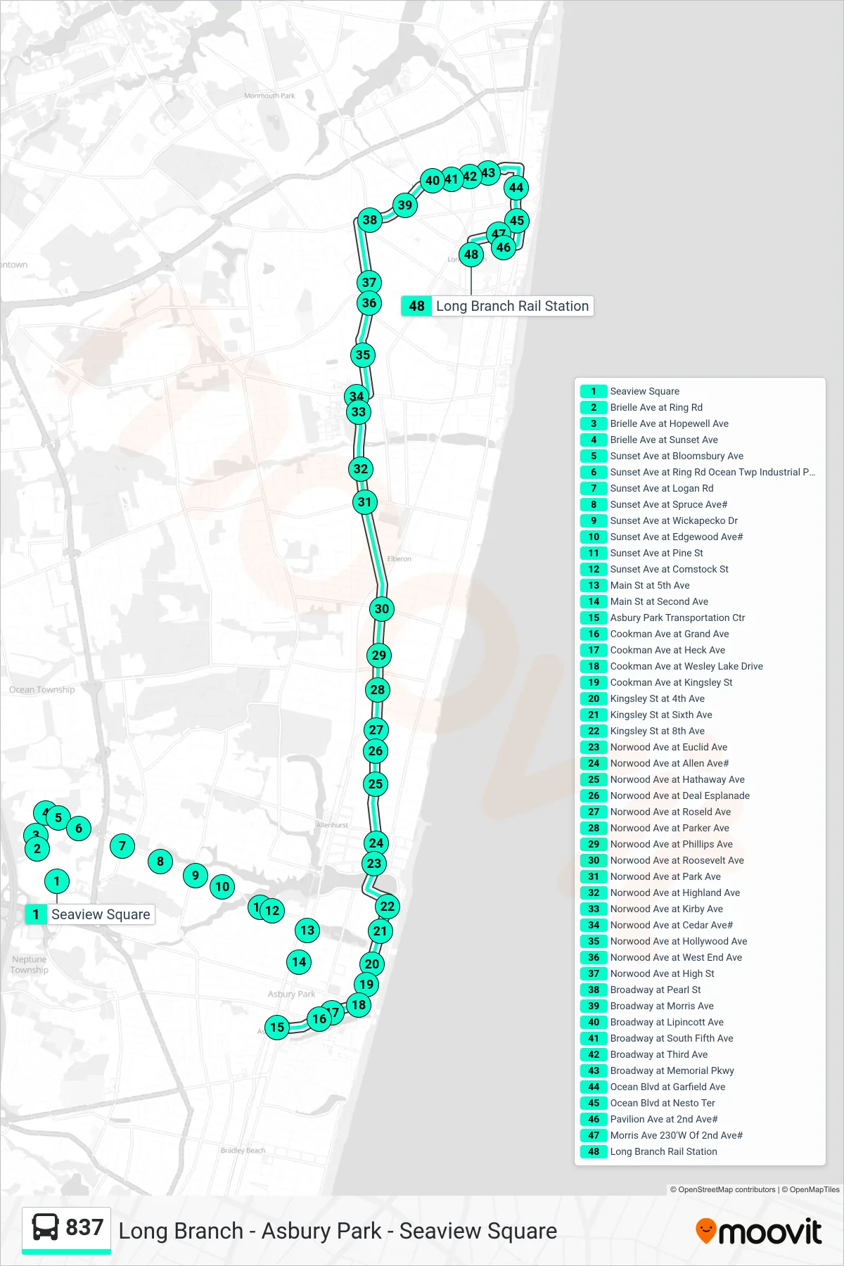837 bus Line (Long Branch Rail Station) route and stops on a map