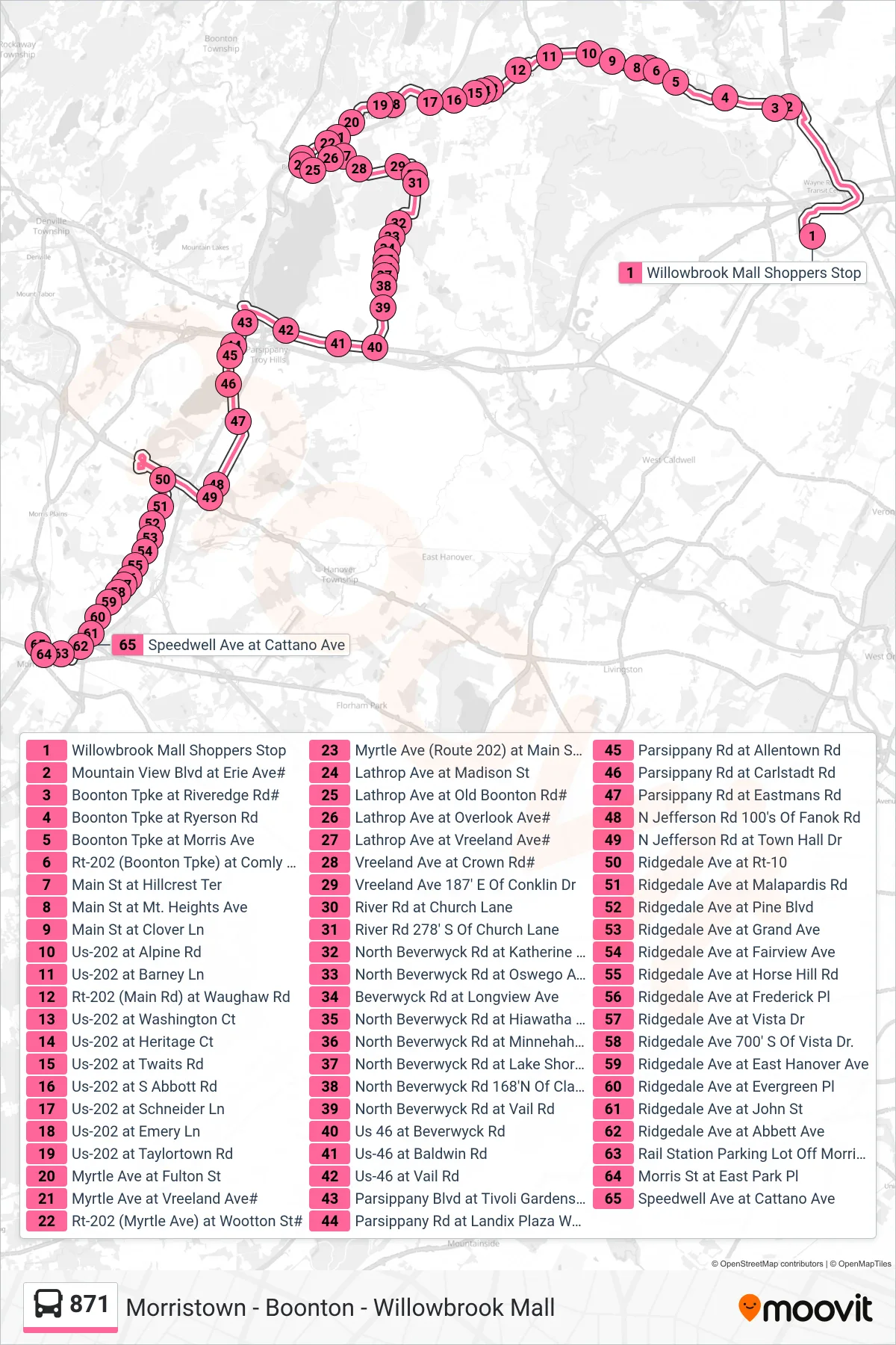 871 bus Line (Morristown Via Boonton Us 202) route and stops on a map