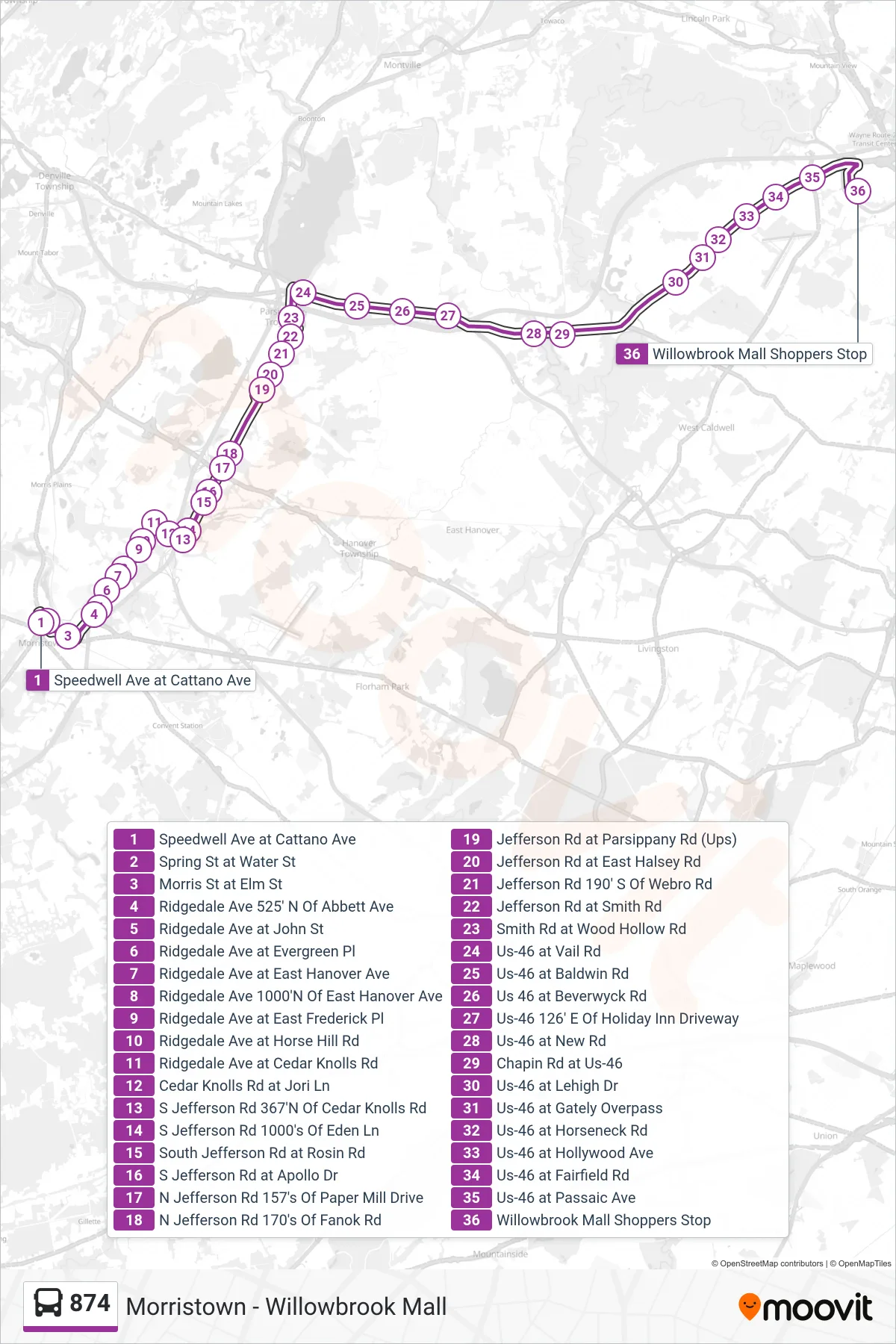 874 bus Line (Willowbrook Via Rt 46) route and stops on a map