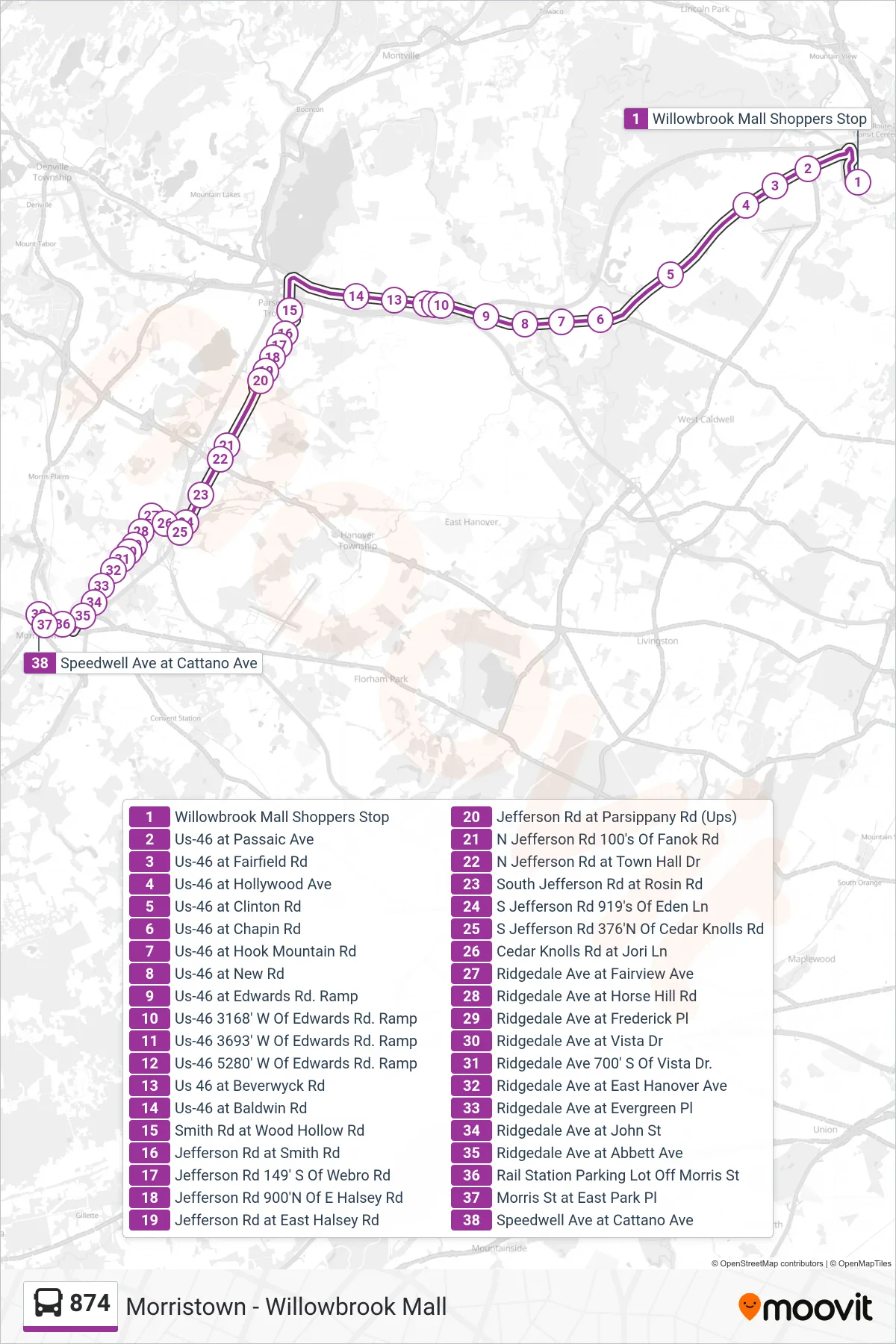 874 bus Line (Morristown Via Rt 46) route and stops on a map