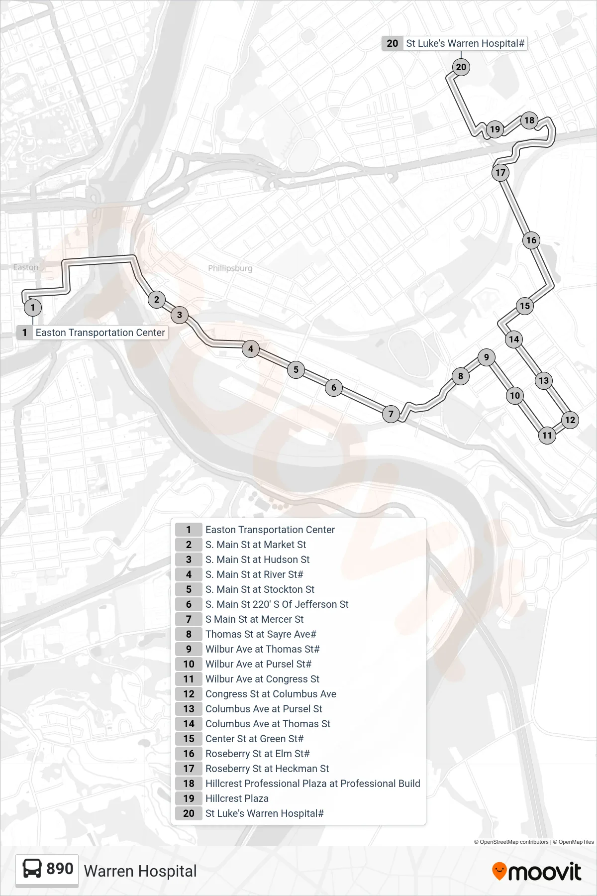 890 bus Line (Warren Hospital) route and stops on a map
