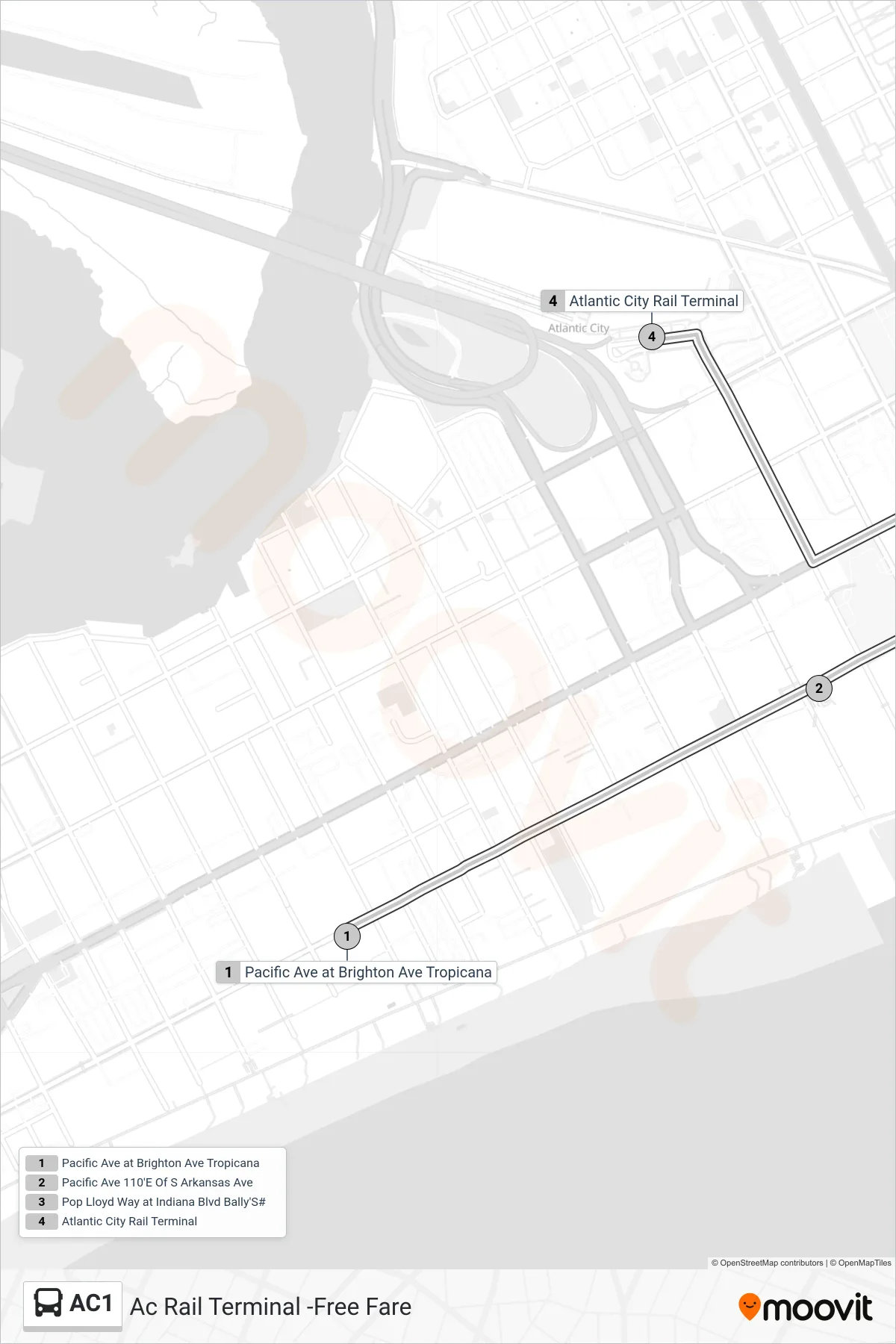 AC1 bus Line (Ac Rail Terminal -Free Fare) route and stops on a map