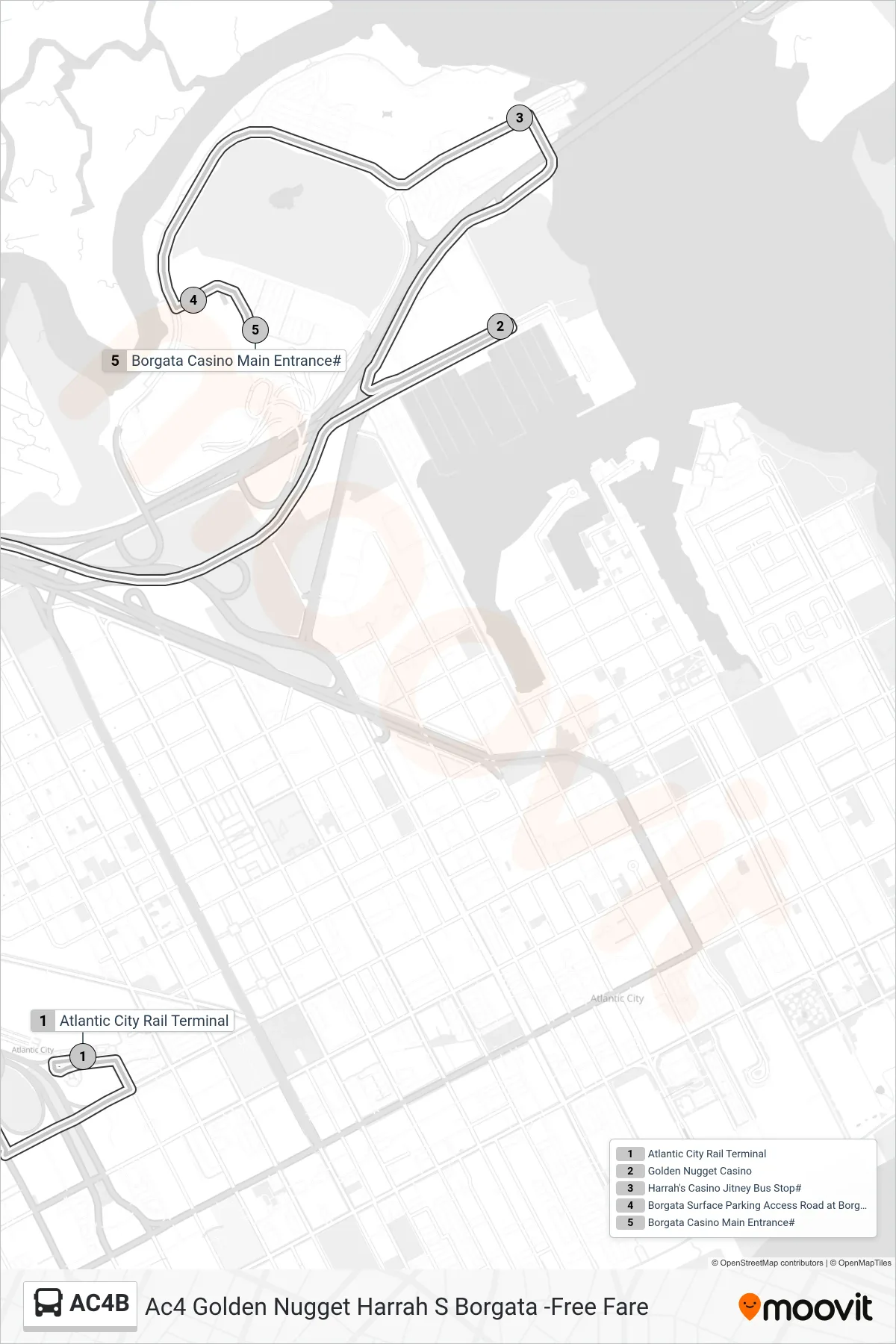 AC4B bus Line (Ac4 Golden Nugget Harrah S Borgata -Free Fare) route and stops on a map