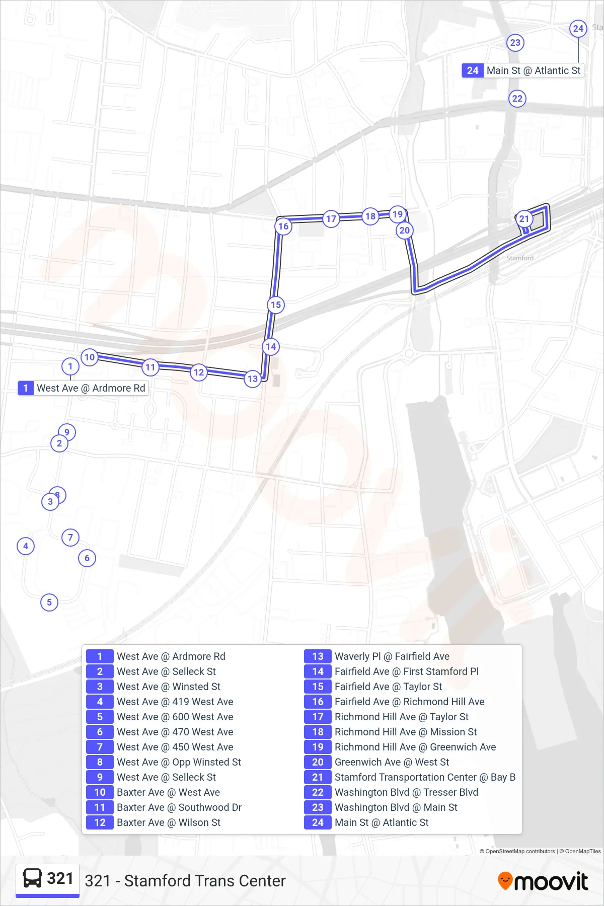 321 bus Line (321 - Stamford Trans Center) route and stops on a map