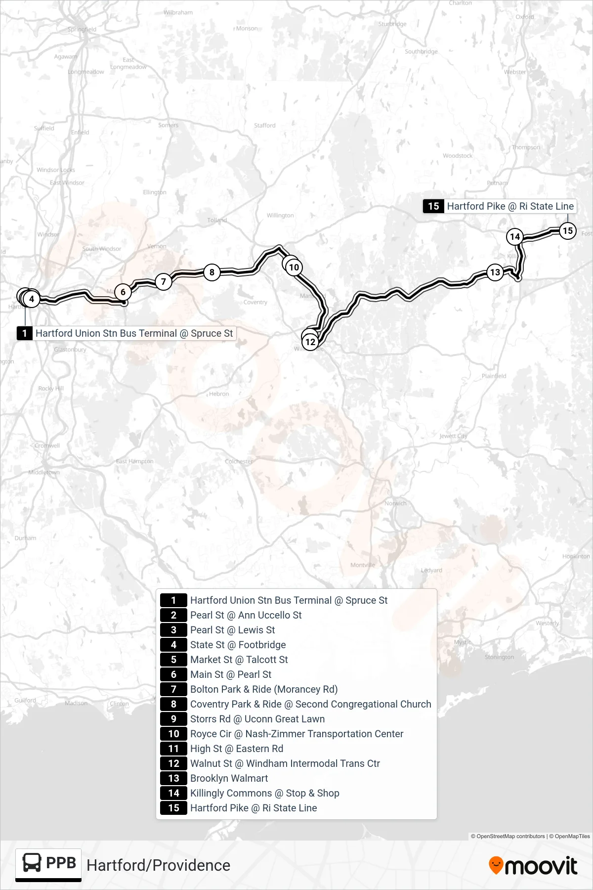PPB tram Line (Ppb - Providence) route and stops on a map