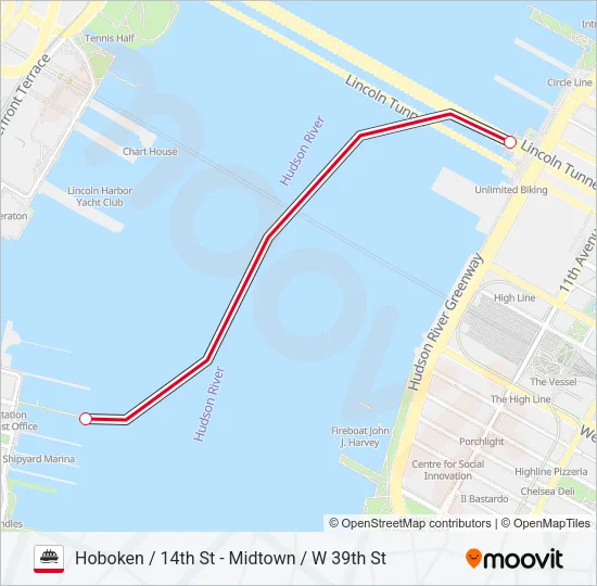 HOBOKEN / 14TH ST - MIDTOWN / W 39TH ST Ferry Line Map