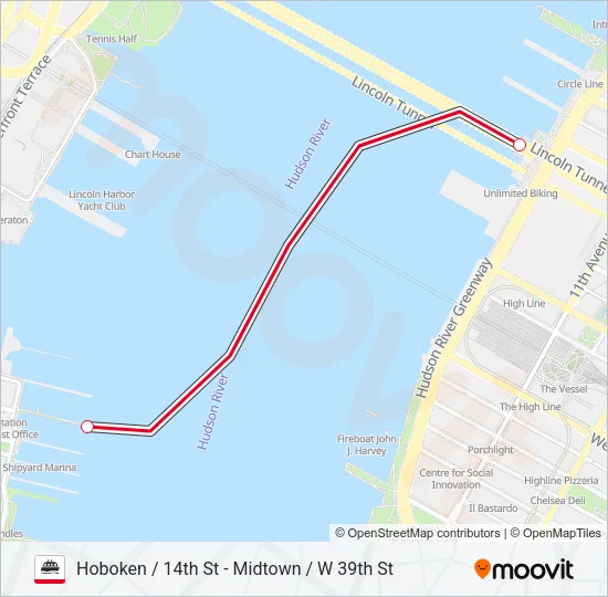 HOBOKEN / 14TH ST - MIDTOWN / W 39TH ST Ferry Line Map