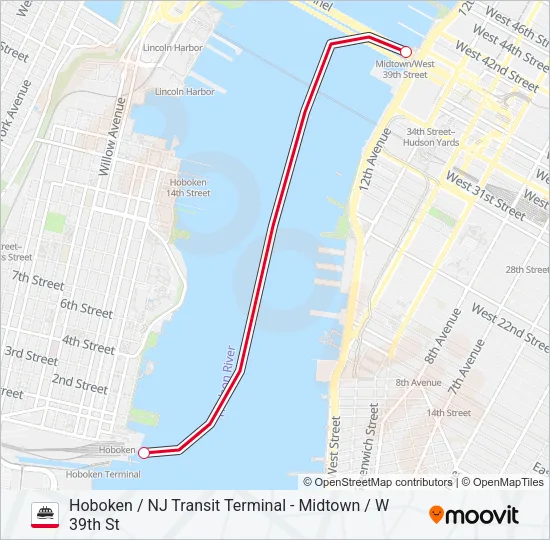 HOBOKEN / NJ TRANSIT TERMINAL - MIDTOWN / W 39TH ST Ferry Line Map