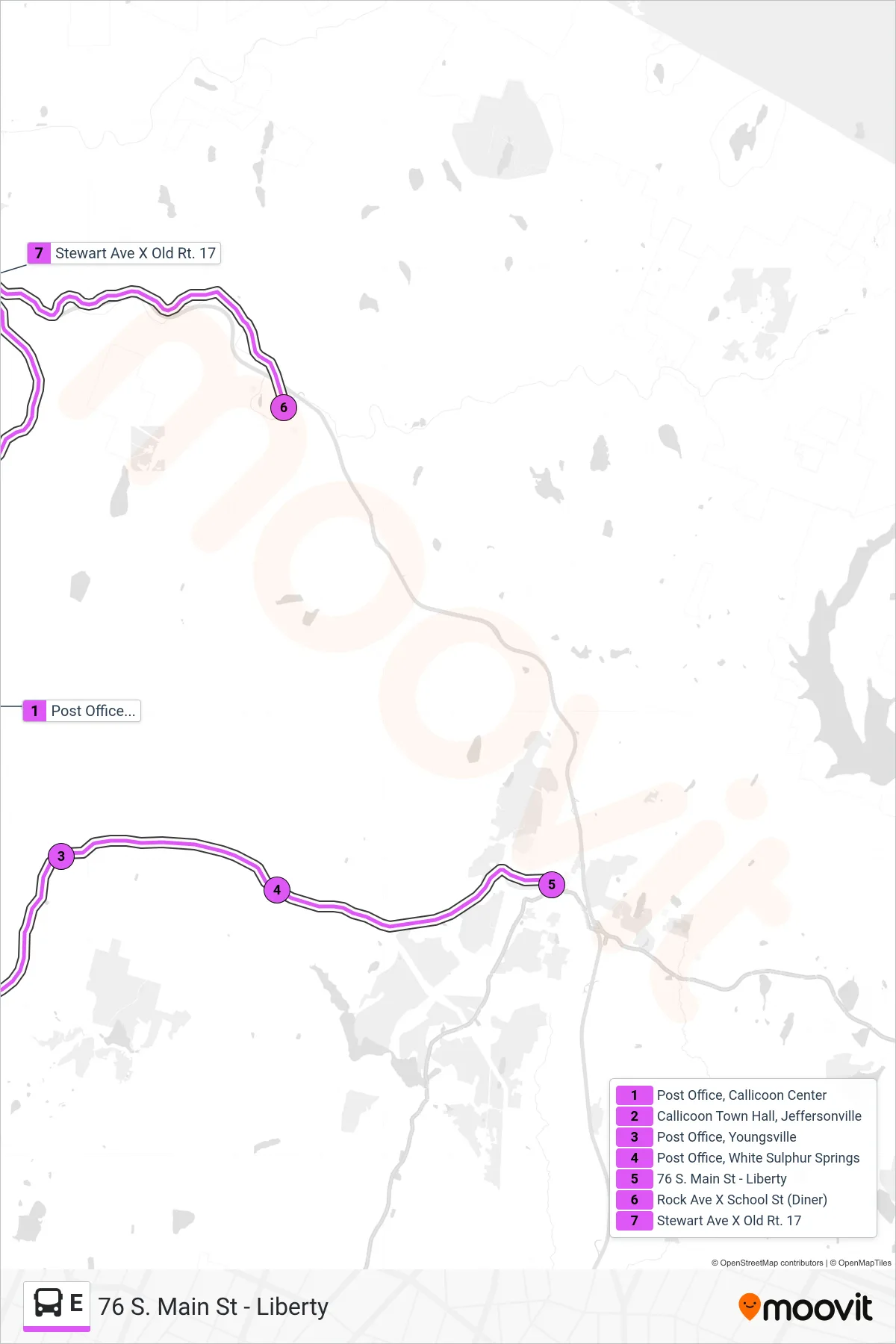 E bus Line (76 S. Main St - Liberty) route and stops on a map