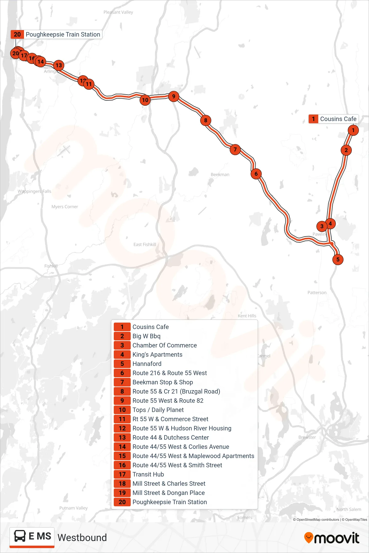 E MS bus Line (Westbound) route and stops on a map
