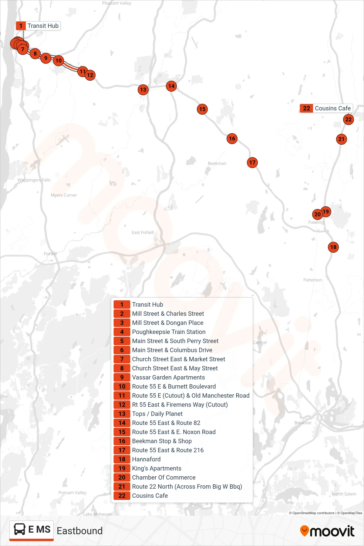 E MS bus Line (Eastbound) route and stops on a map