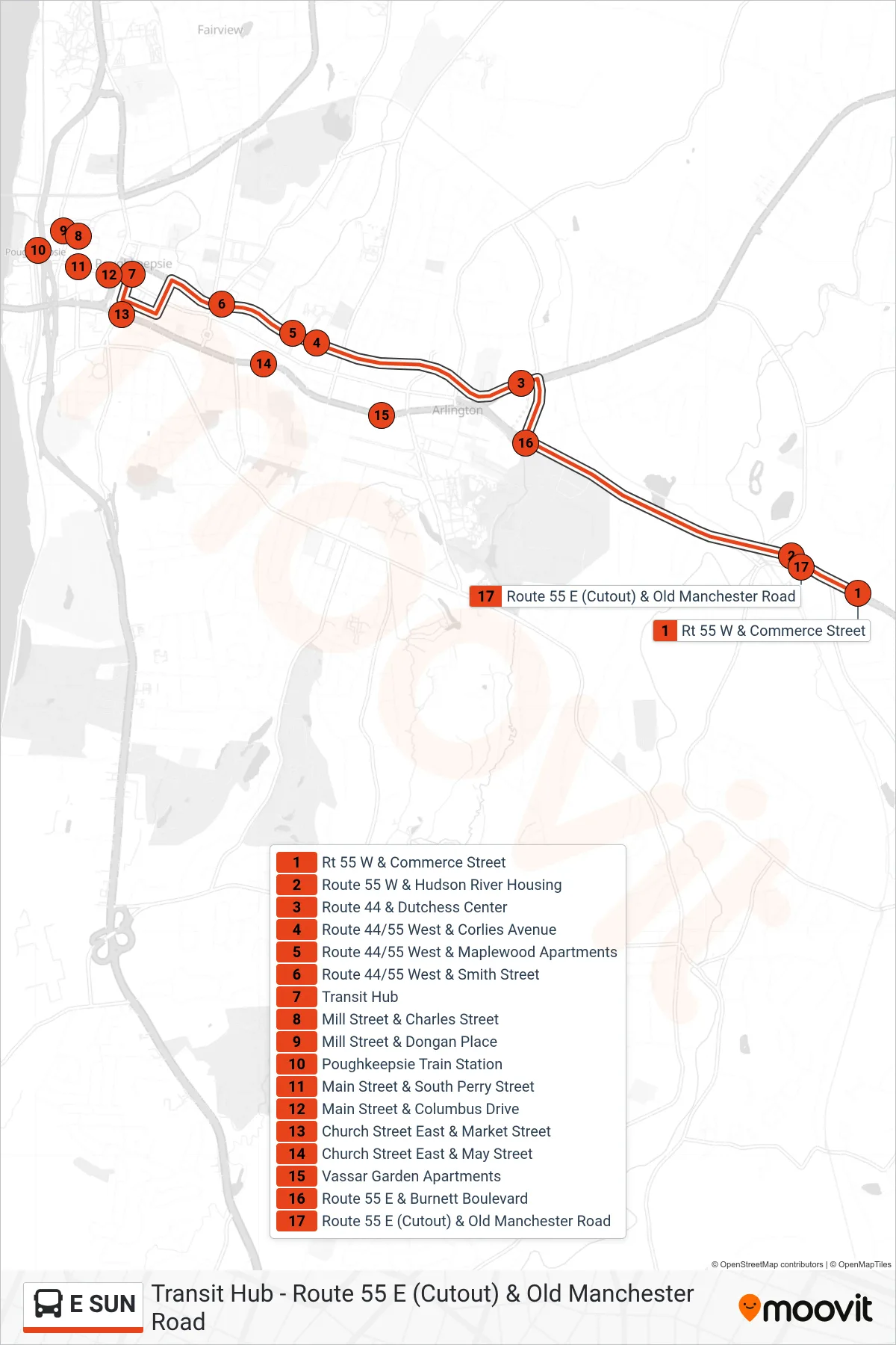 E SUN bus Line (Westbound) route and stops on a map
