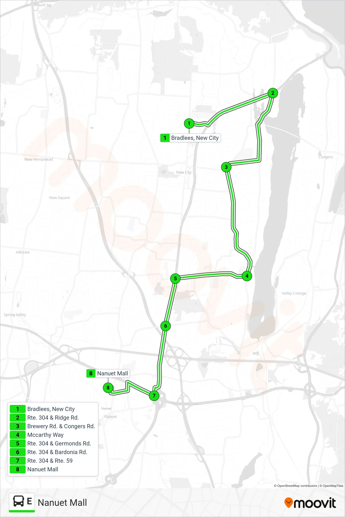 E bus Line (Nanuet Mall) route and stops on a map
