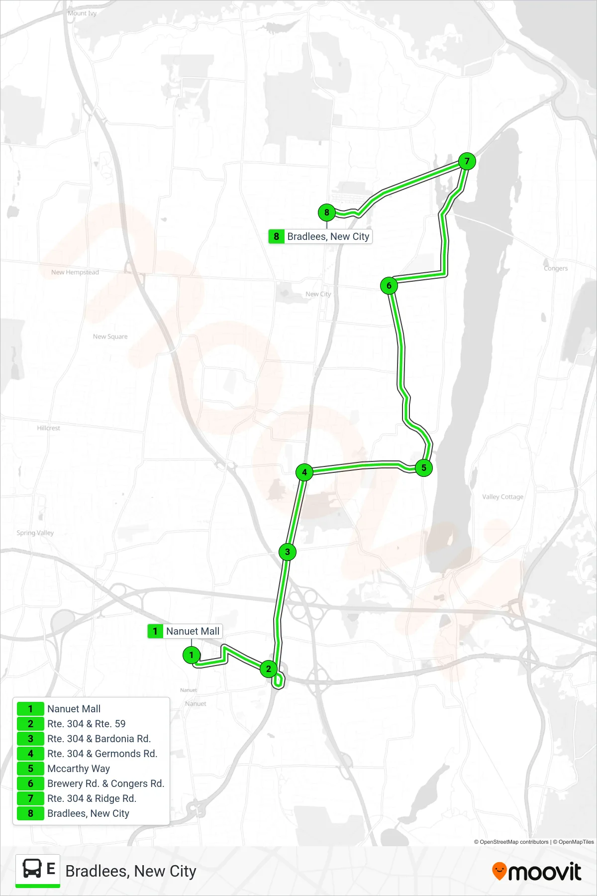 E bus Line (Bradlees, New City) route and stops on a map