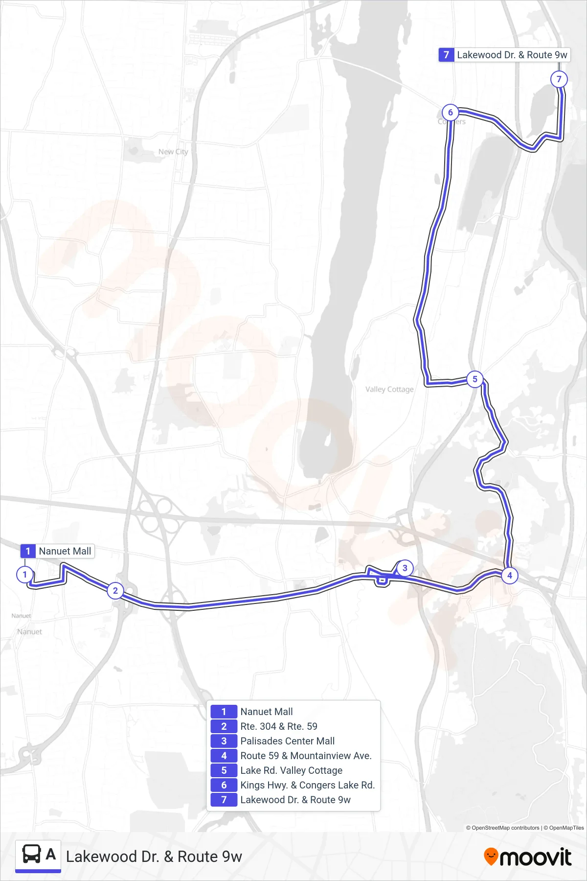 A bus Line (Lakewood Dr. & Route 9w) route and stops on a map