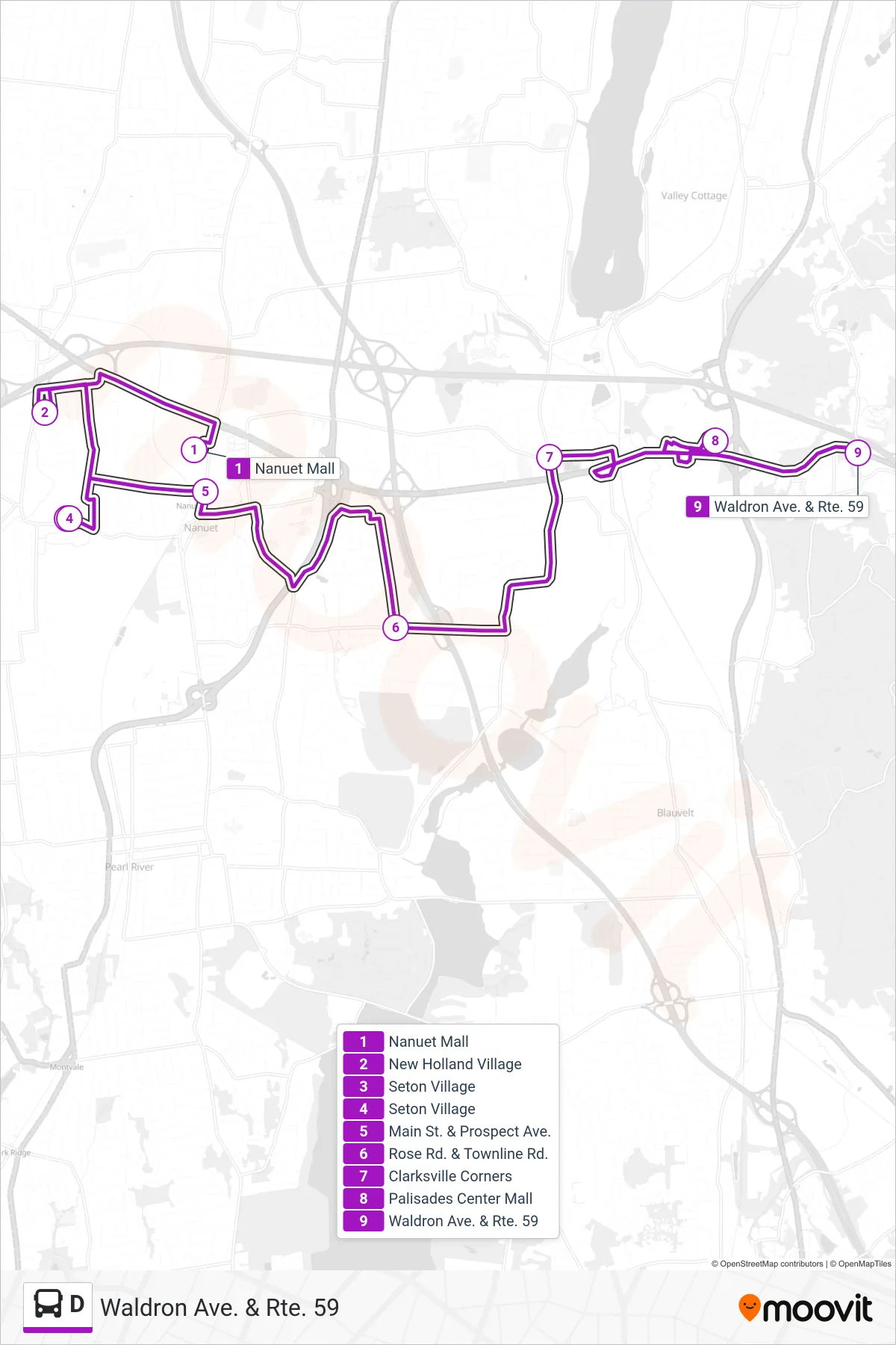 D bus Line (Waldron Ave. & Rte. 59) route and stops on a map