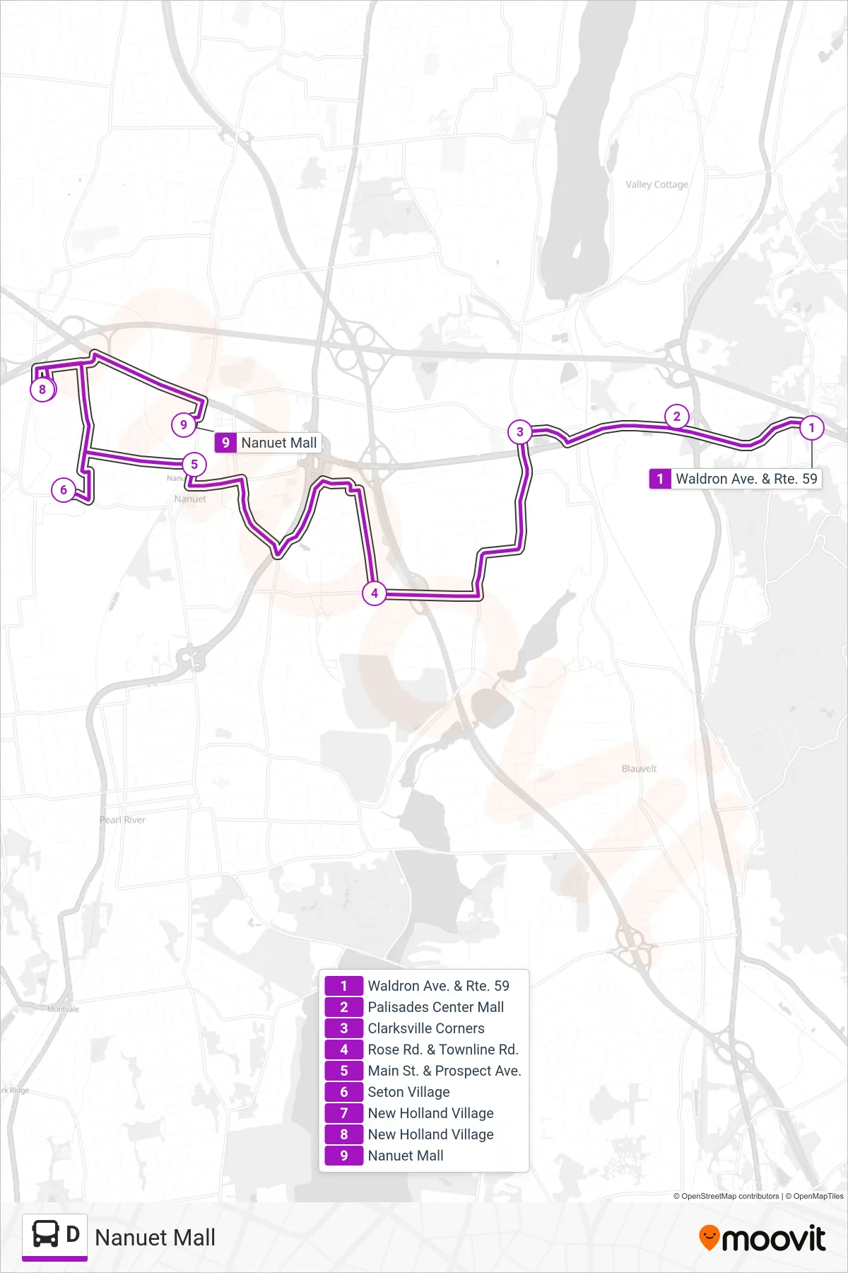 D bus Line (Nanuet Mall) route and stops on a map