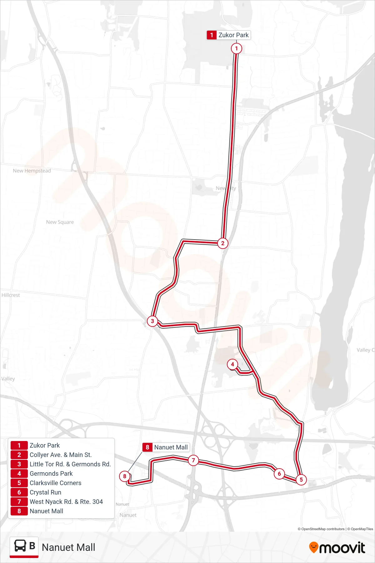B bus Line (Nanuet Mall) route and stops on a map