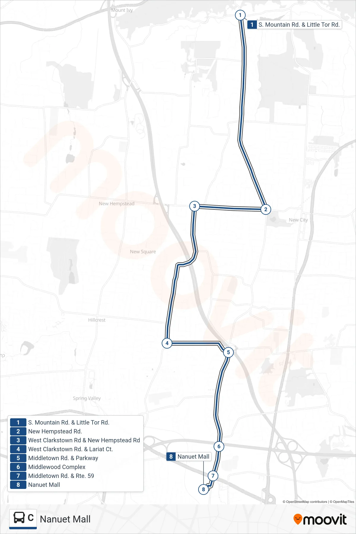C bus Line (Nanuet Mall) route and stops on a map