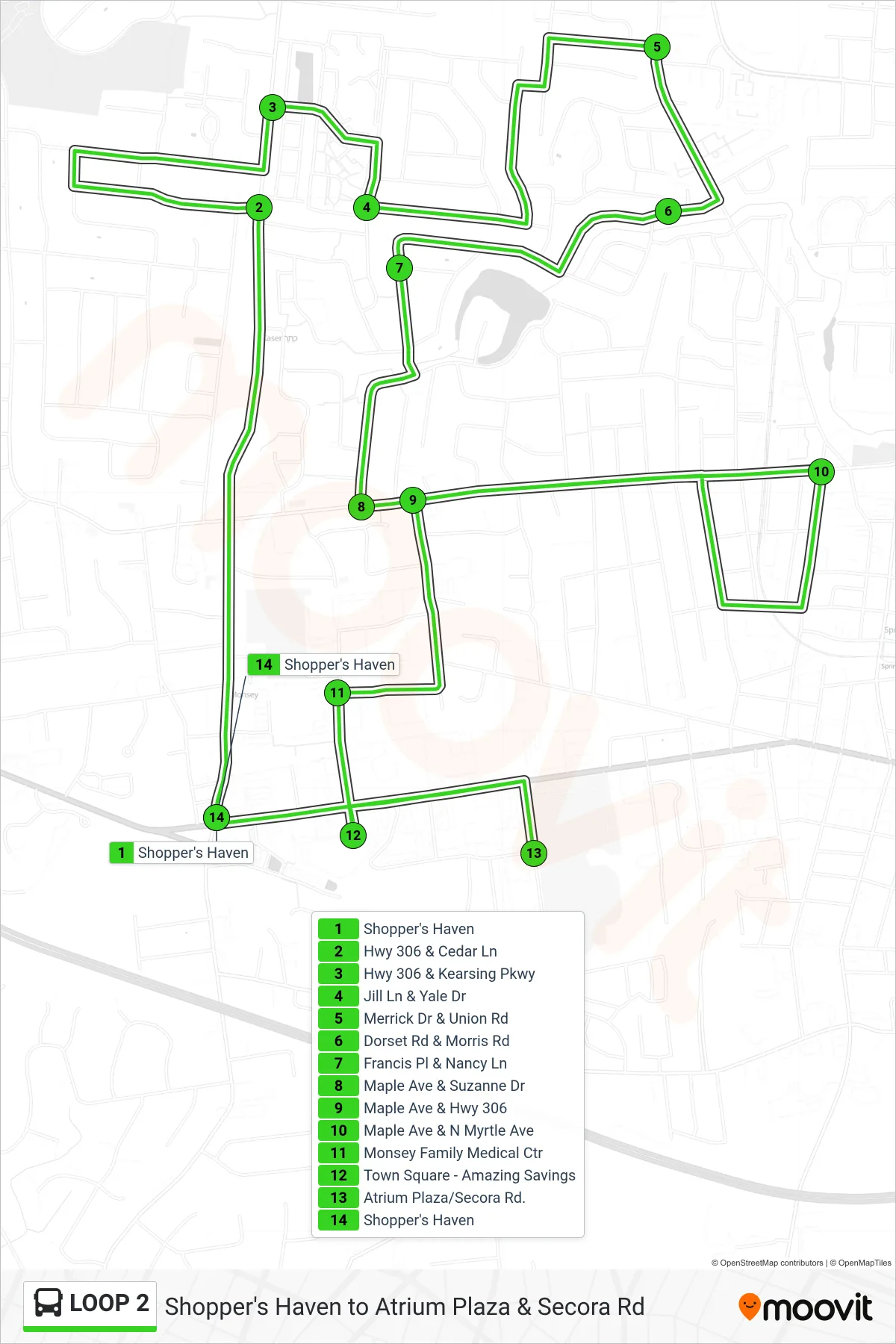 LOOP 2 bus Line (Shoppers Haven) route and stops on a map