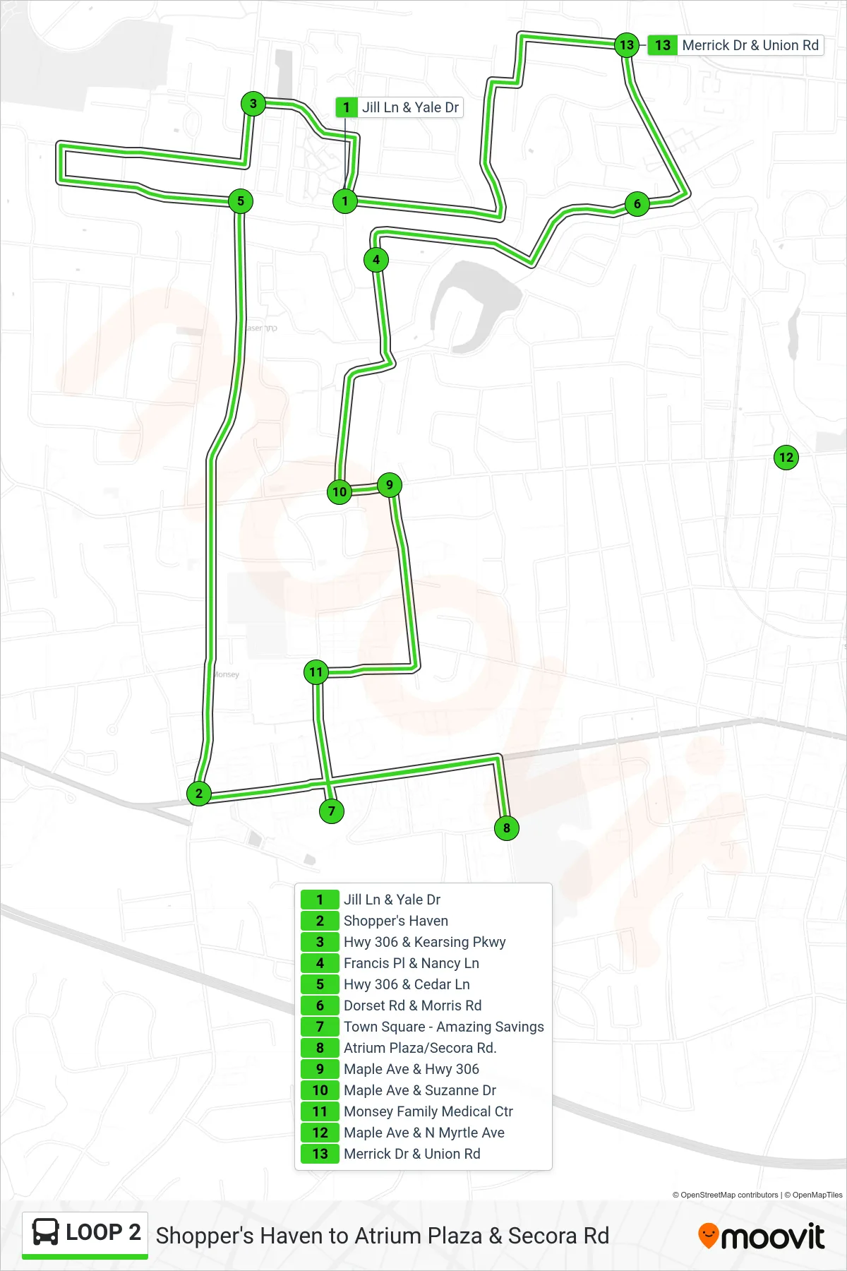 LOOP 2 bus Line (Shoppers Haven) route and stops on a map