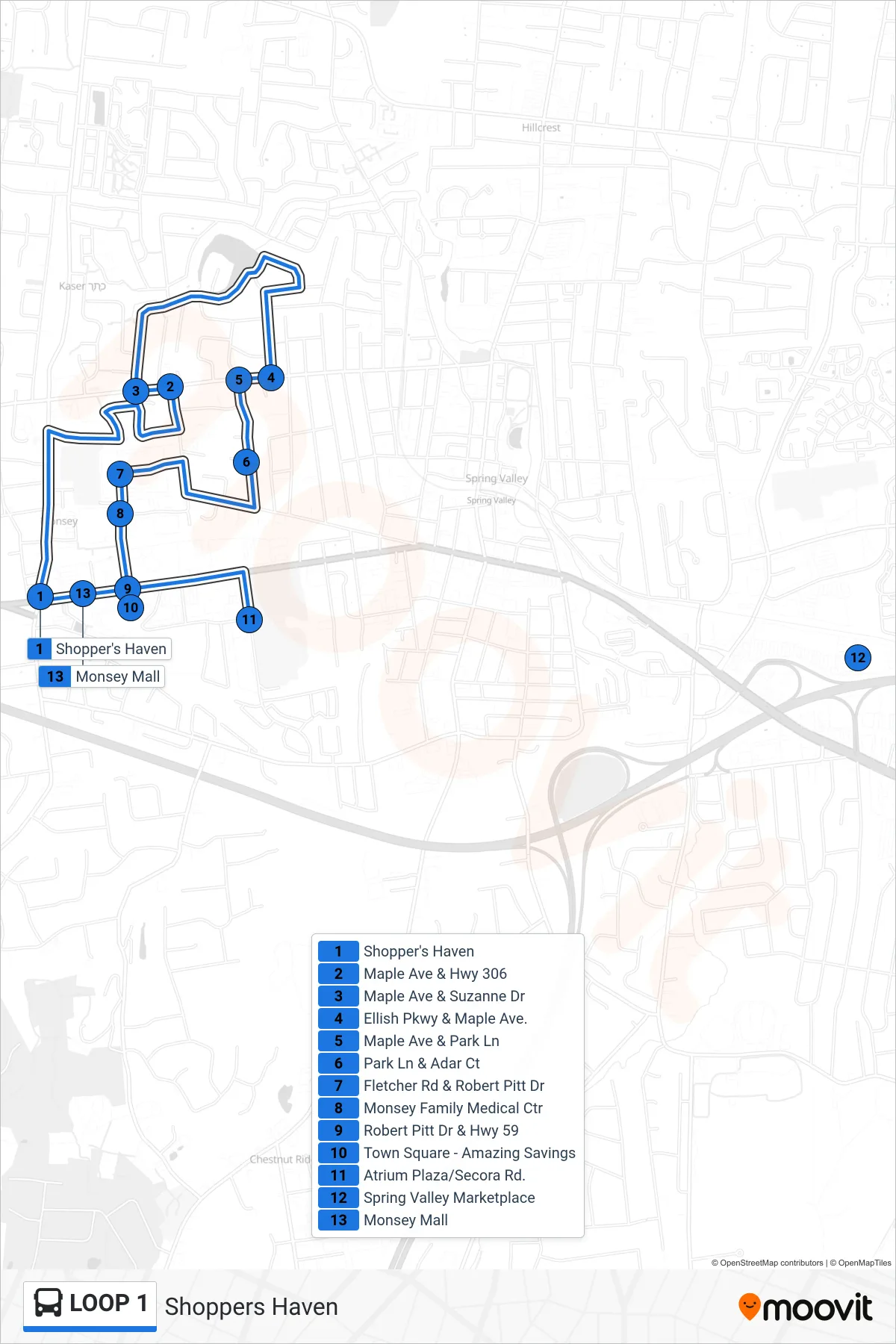LOOP 1 bus Line (Shoppers Haven) route and stops on a map