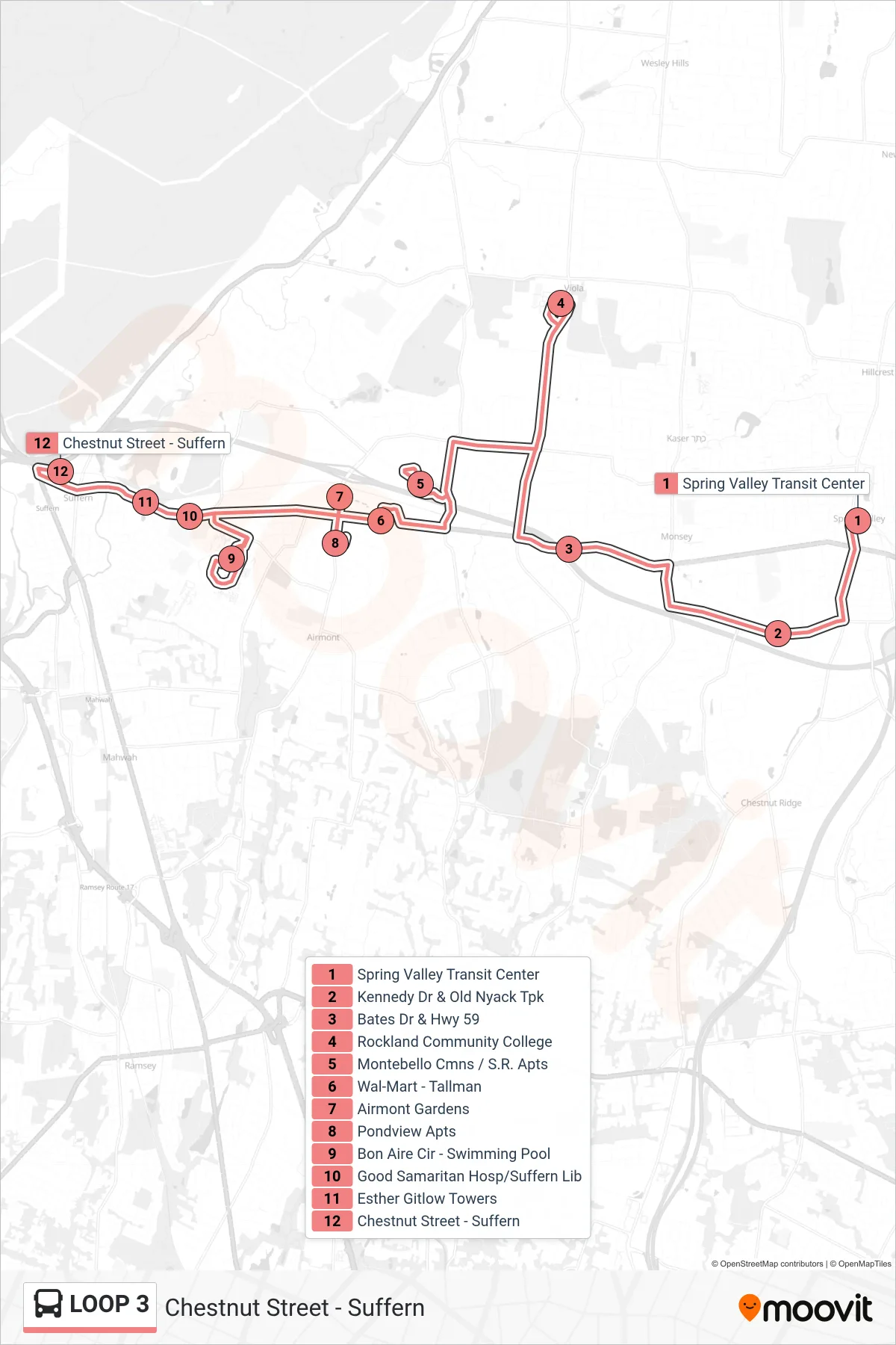 LOOP 3 bus Line (Chestnut Street - Suffern) route and stops on a map