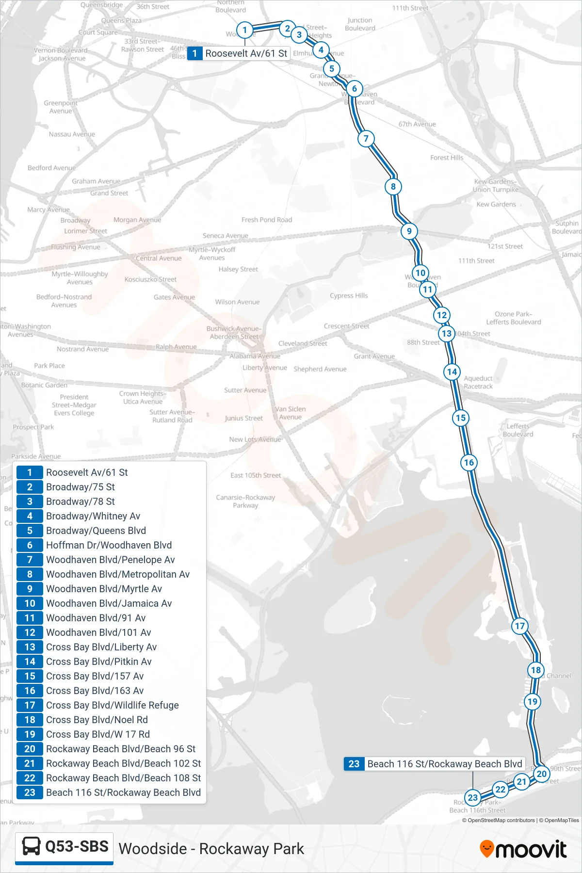 Q53-SBS tram Line (+Select Bus Rockaway Park Beach 116 St) route and stops on a map