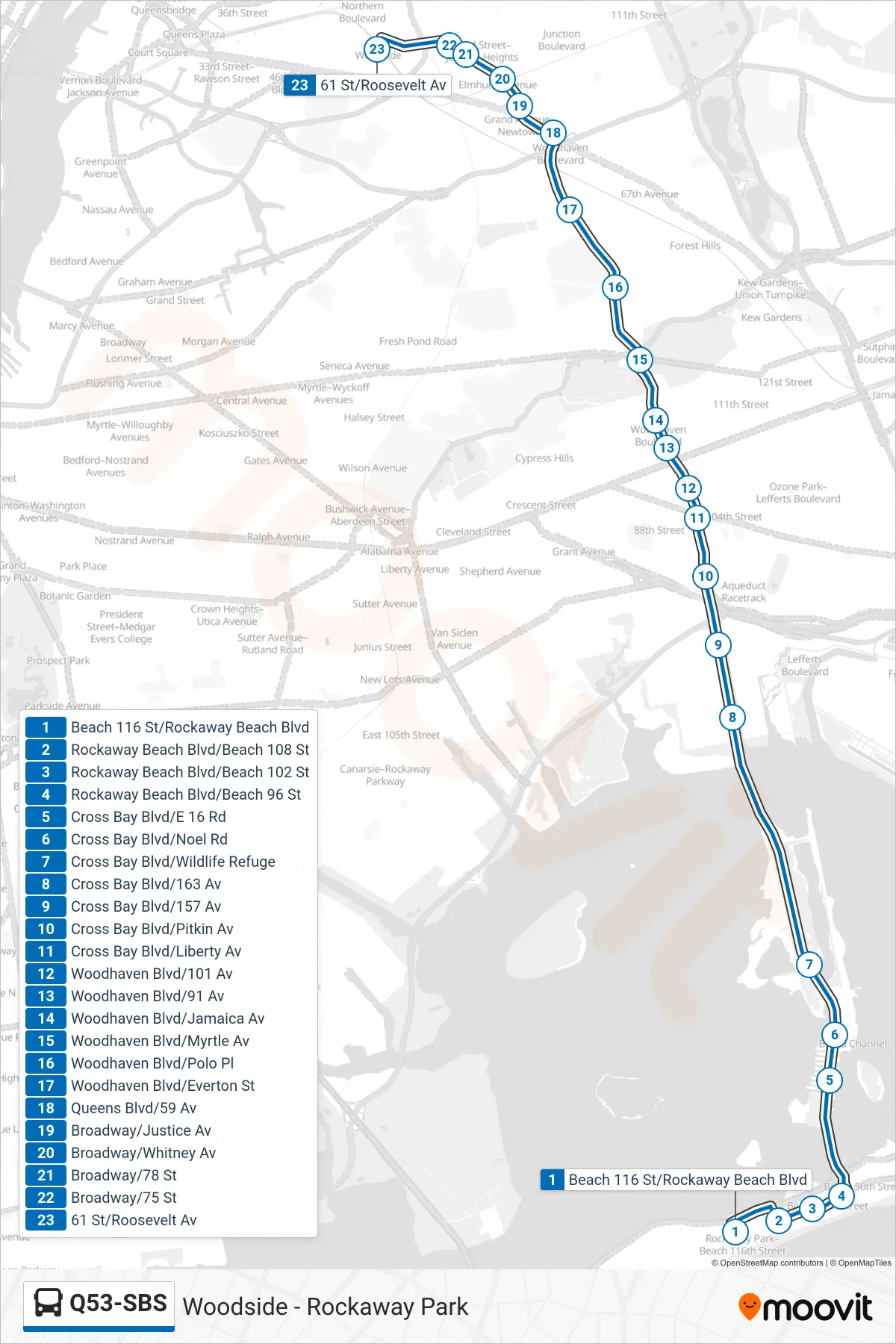 Q53-SBS tram Line (+Select Bus Woodside) route and stops on a map