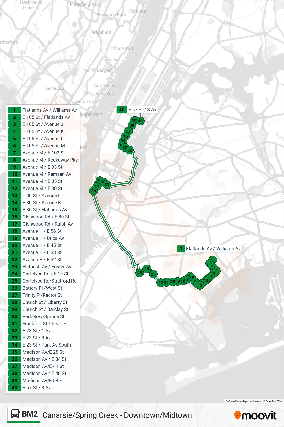 BM2 bus Line (Midtown 57 St Via Church St Via Madison Av) route and stops on a map