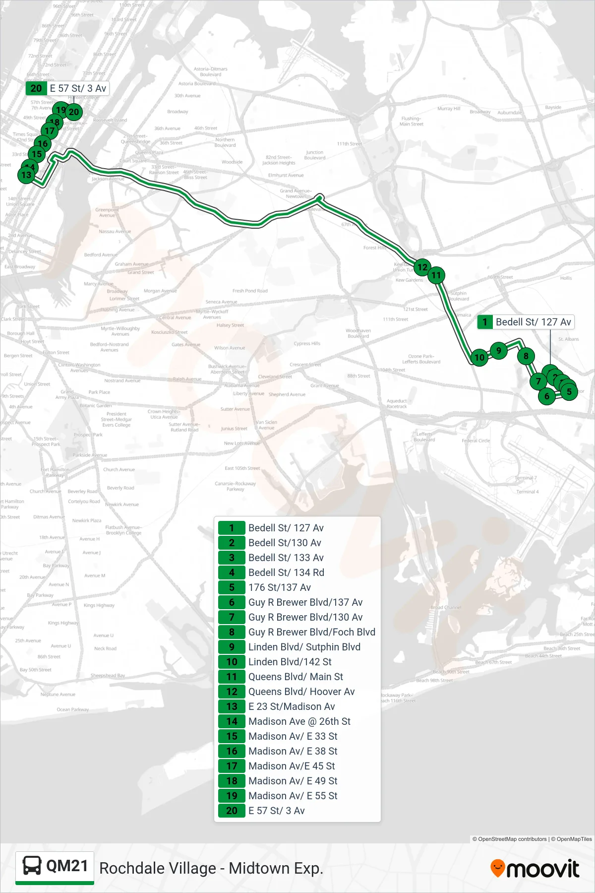 QM21 bus Line (Midtown 57 St Via Madison Av) route and stops on a map