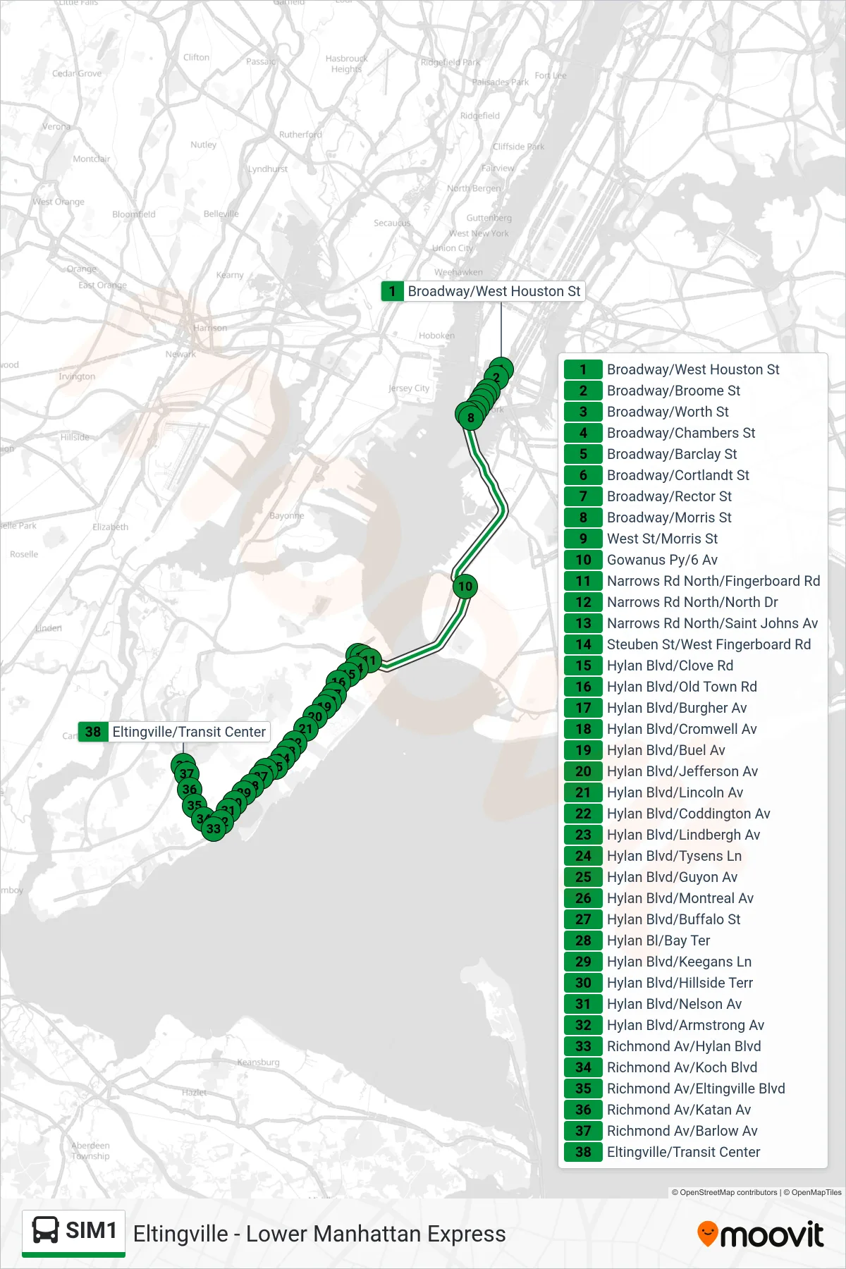 SIM1 bus Line (Eltngvlle Trans Ctr Via Hylan Via Rich) route and stops on a map