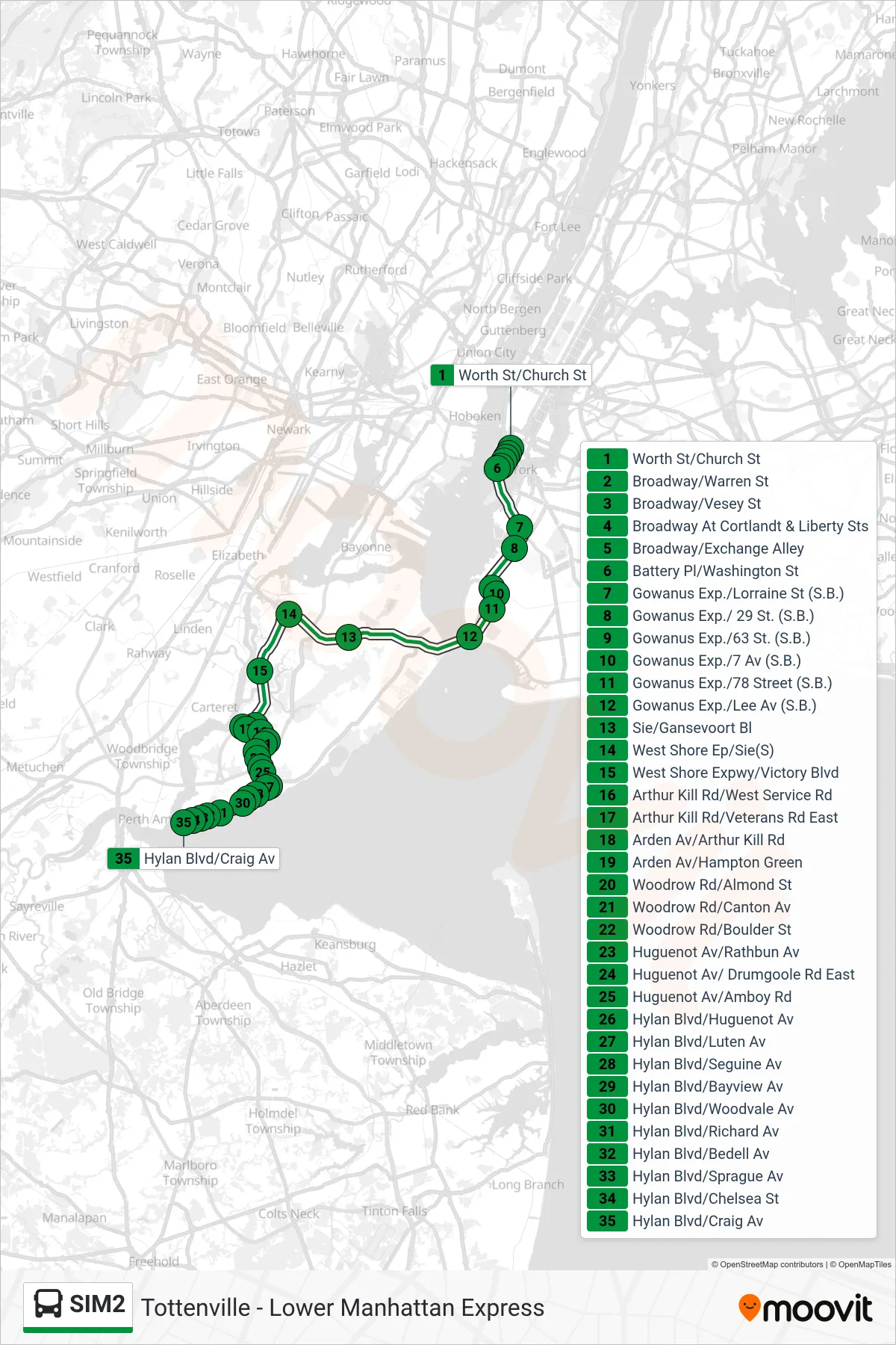 SIM2 bus Line (Tottenville Via Huguenot Av Via Hylan Bl) route and stops on a map