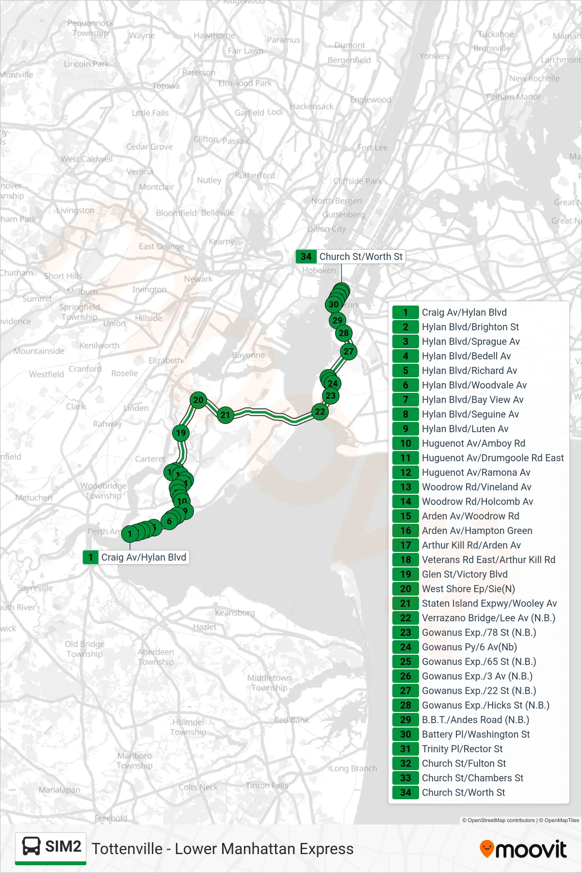 SIM2 bus Line (Downtown Worth St Via Church St) route and stops on a map