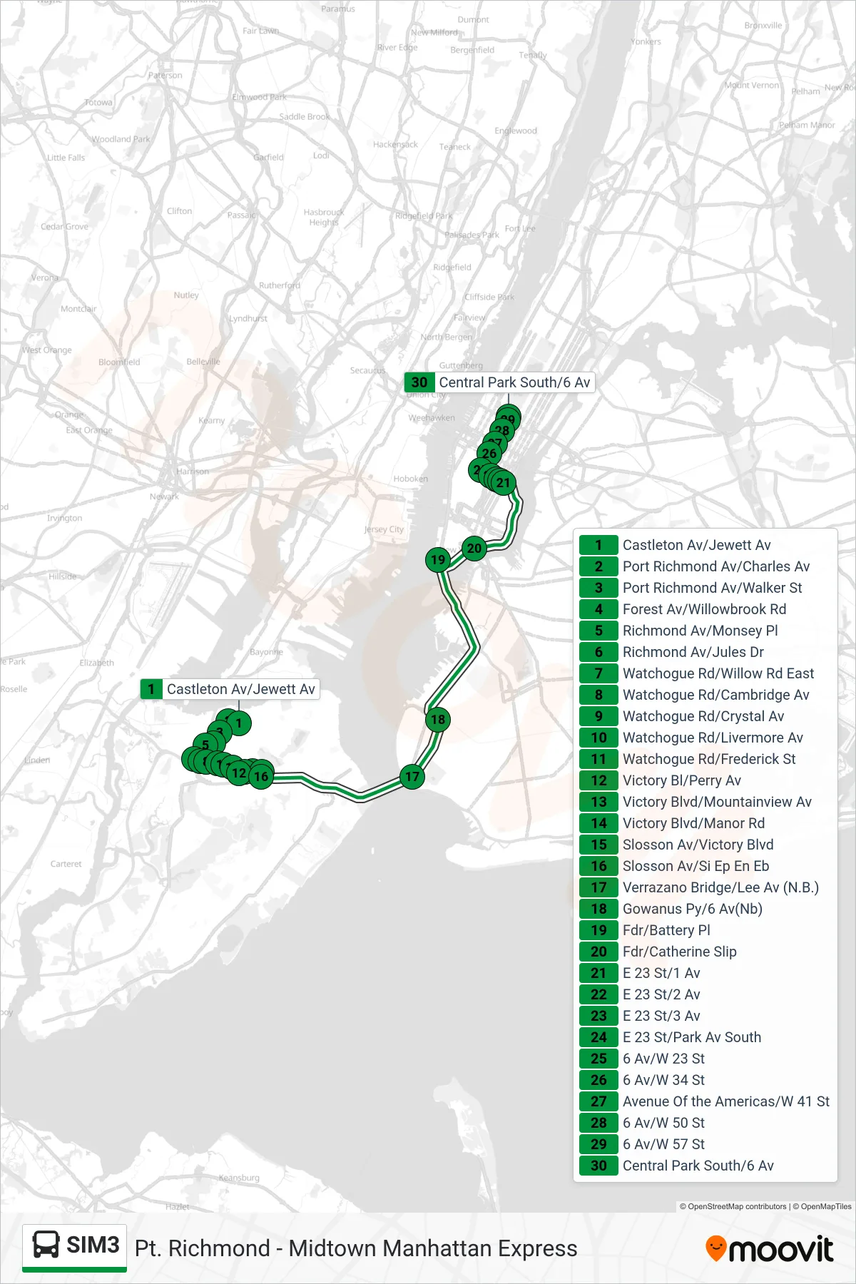 SIM3 bus Line (Midtown Via 23 St Via 6 Av) route and stops on a map