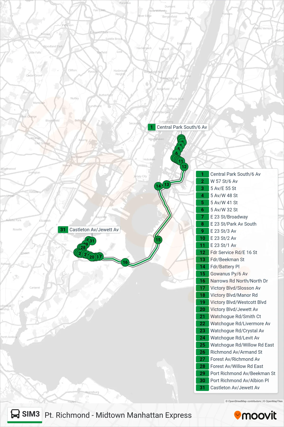 SIM3 bus Line (Port Richmond Via Watchogue Rd) route and stops on a map