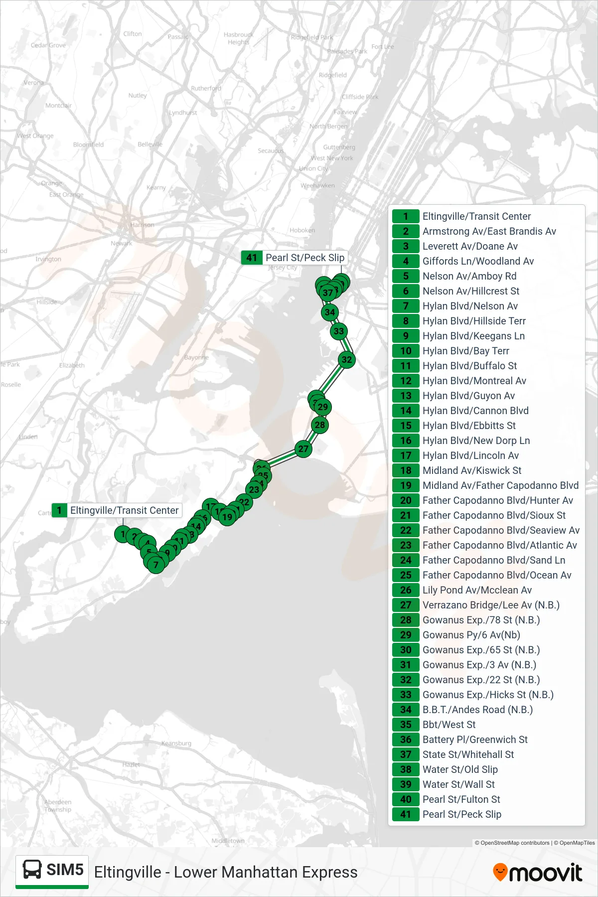 SIM5 bus Line (Downtown Frankfort St Via Water St) route and stops on a map