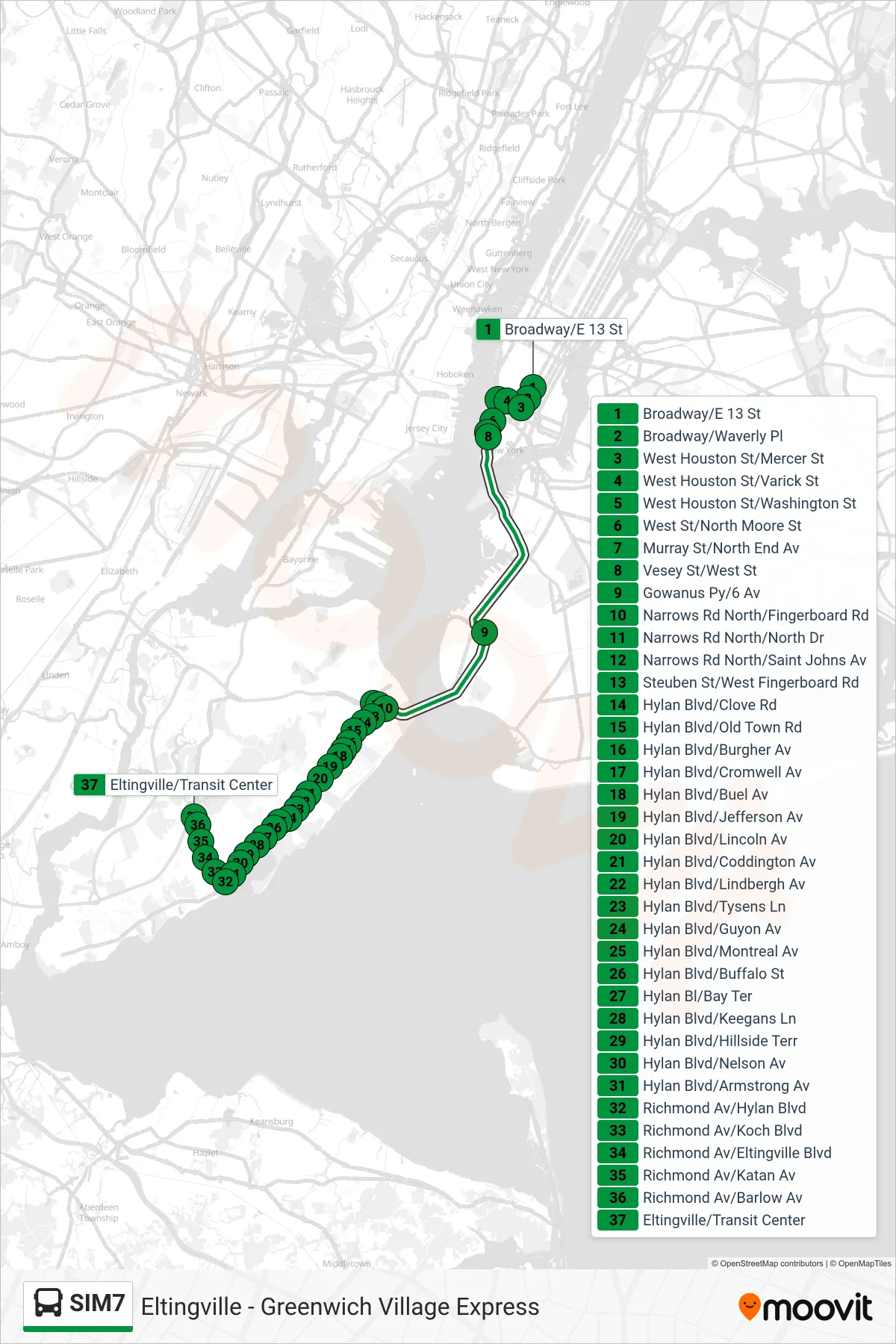SIM7 bus Line (Eltvlle Trans Ctr Via Hylan Via Richmond) route and stops on a map