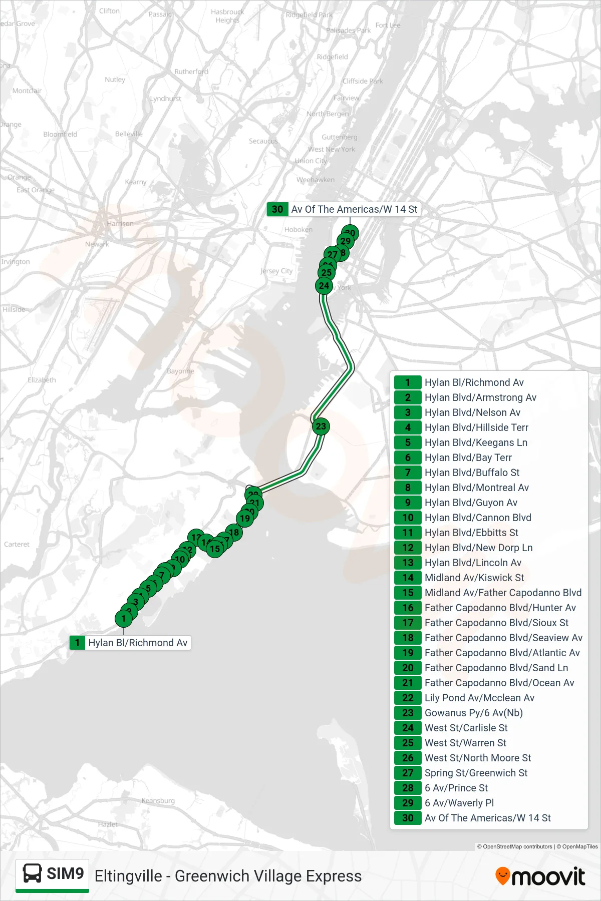 SIM9 bus Line (Greenwich Vill Via West St Via 6 Av) route and stops on a map