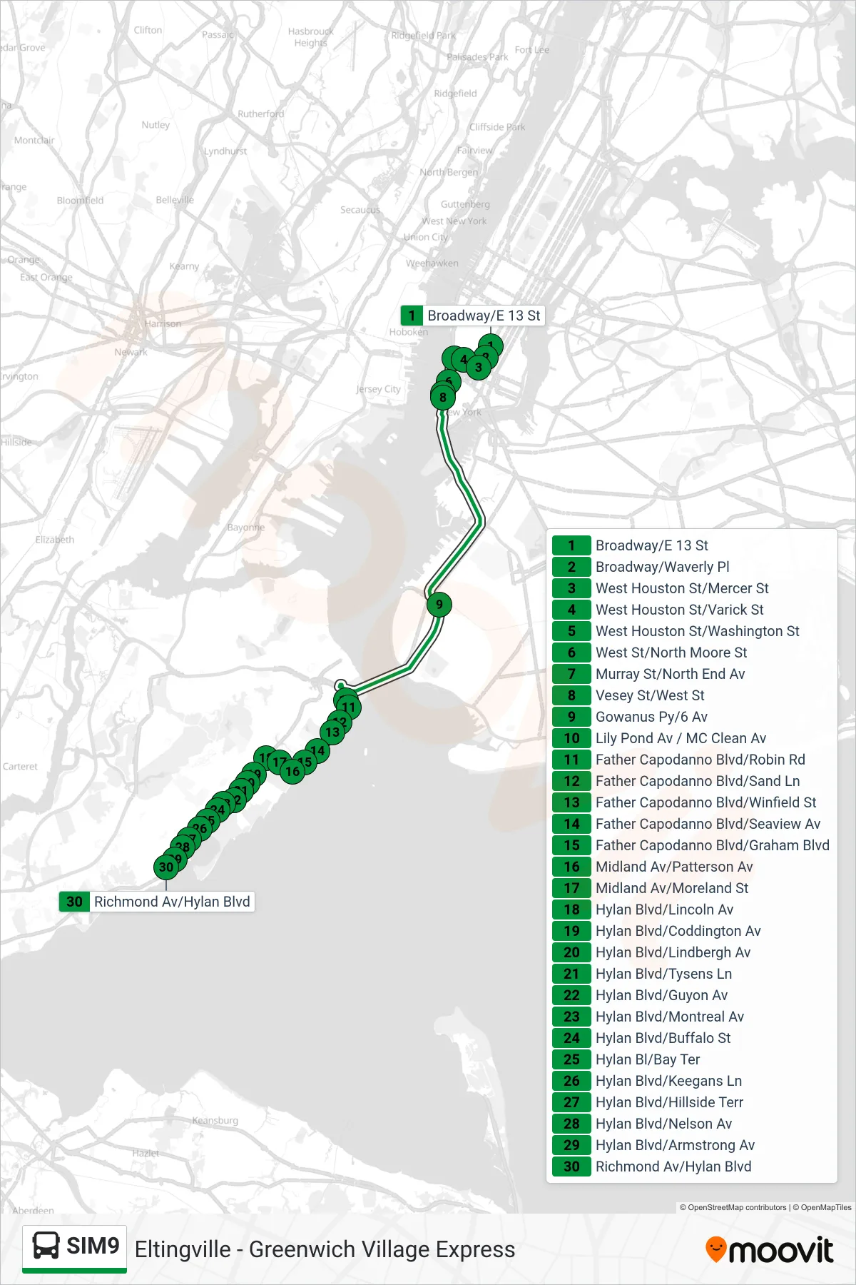 SIM9 bus Line (Eltingville Via F Cap Via Hylan Bl) route and stops on a map