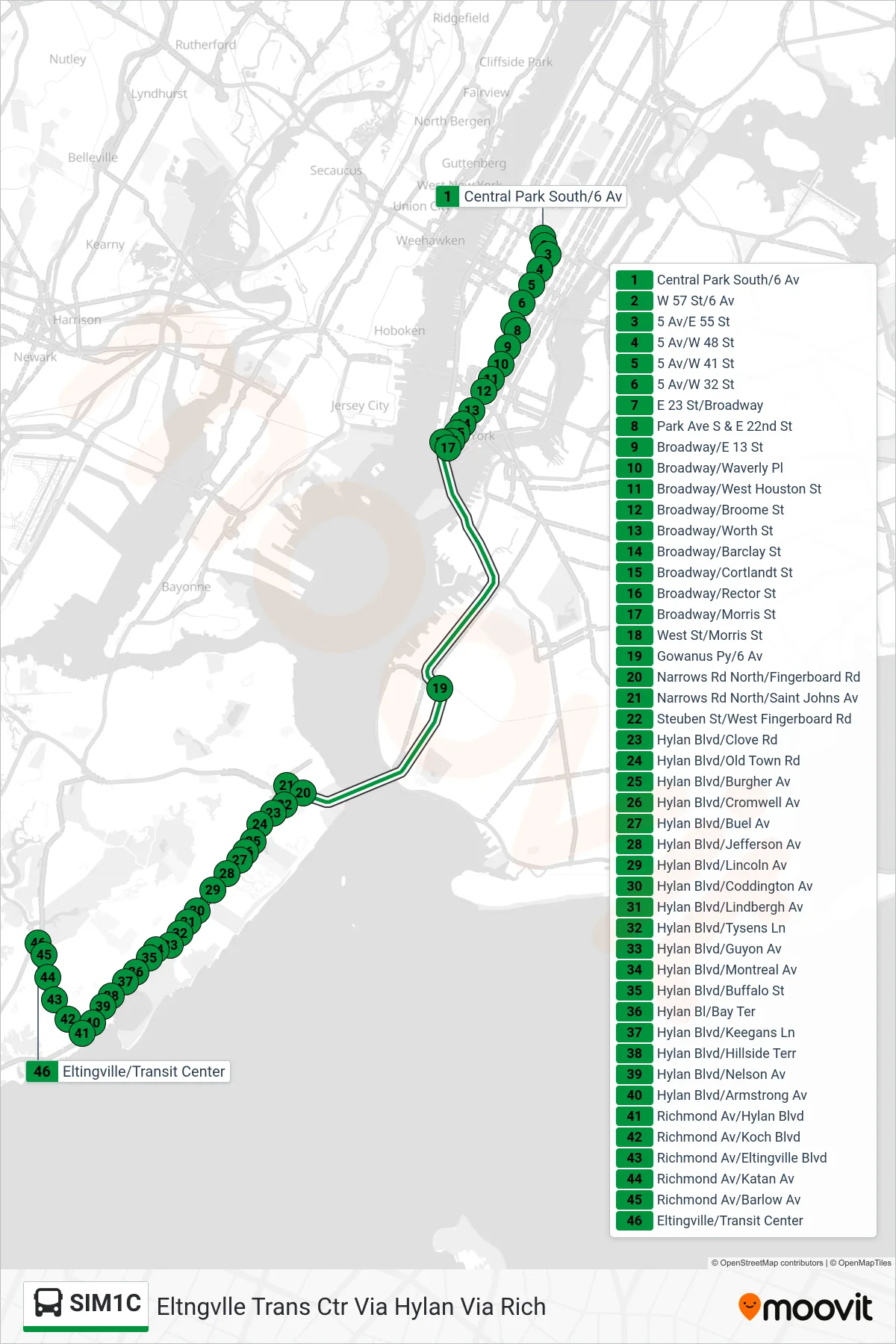 SIM1C bus Line (Eltngvlle Trans Ctr  Via Hylan Via Rich) route and stops on a map