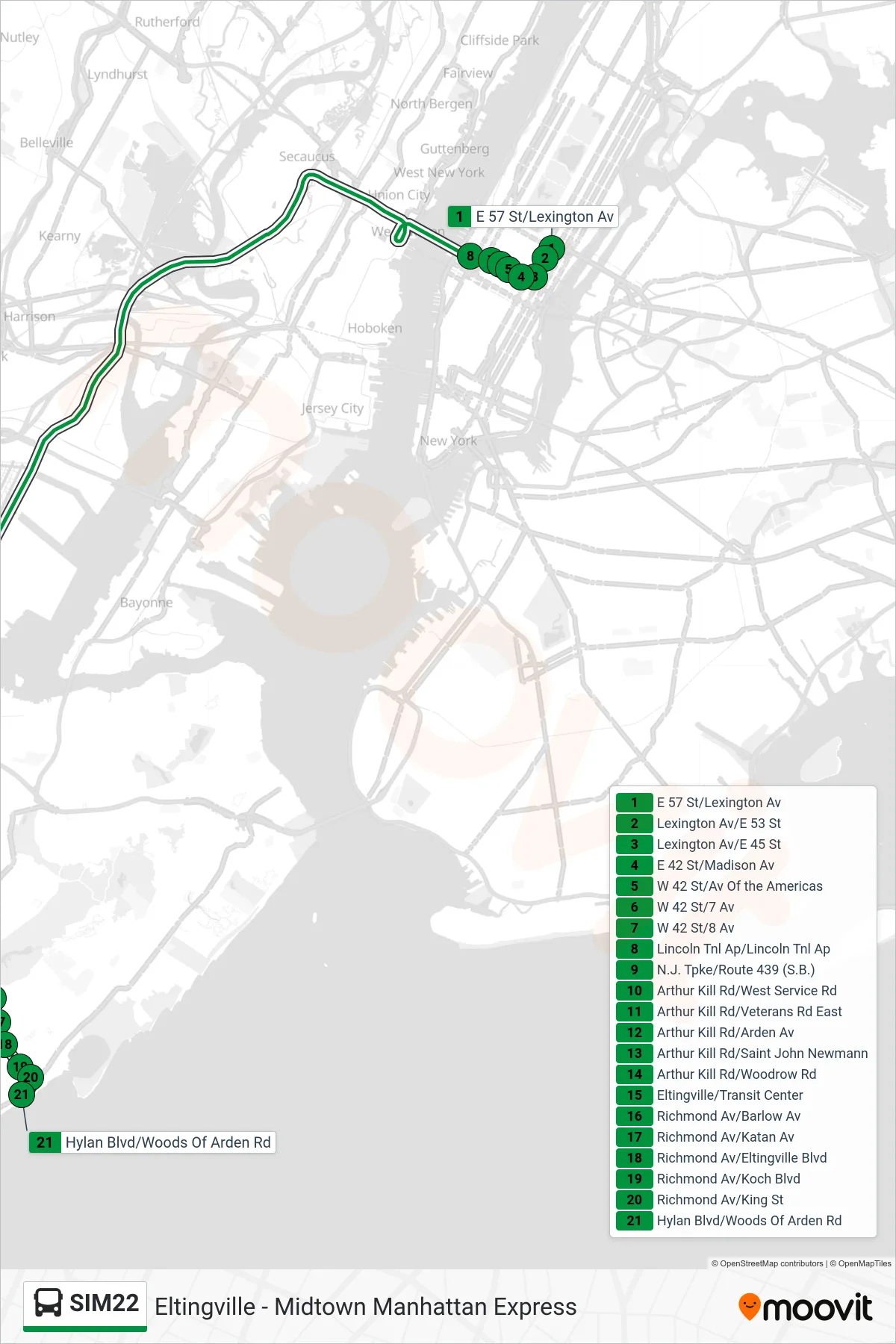 SIM22 bus Line (Eltingville Via Ar Kill Rd Via Richmond) route and stops on a map