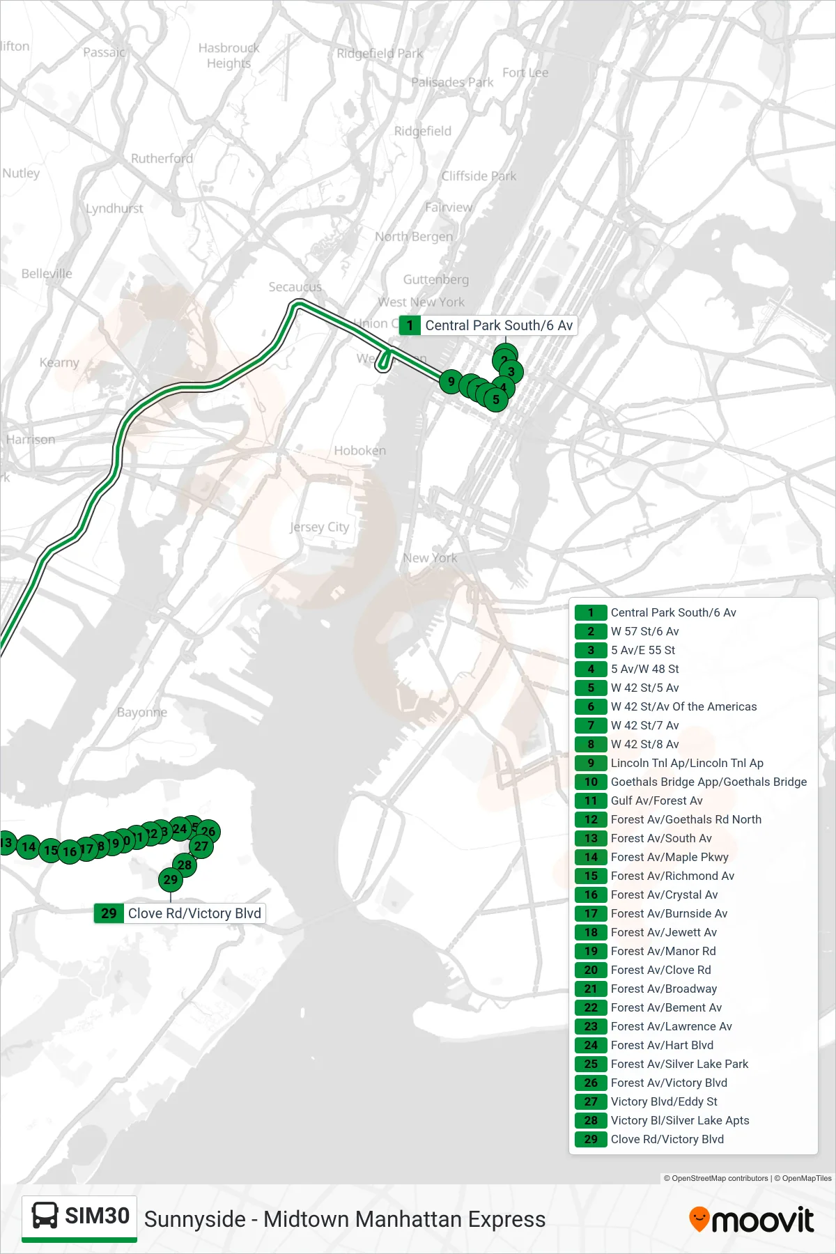 SIM30 bus Line (Sunnyside Via Forest Av) route and stops on a map